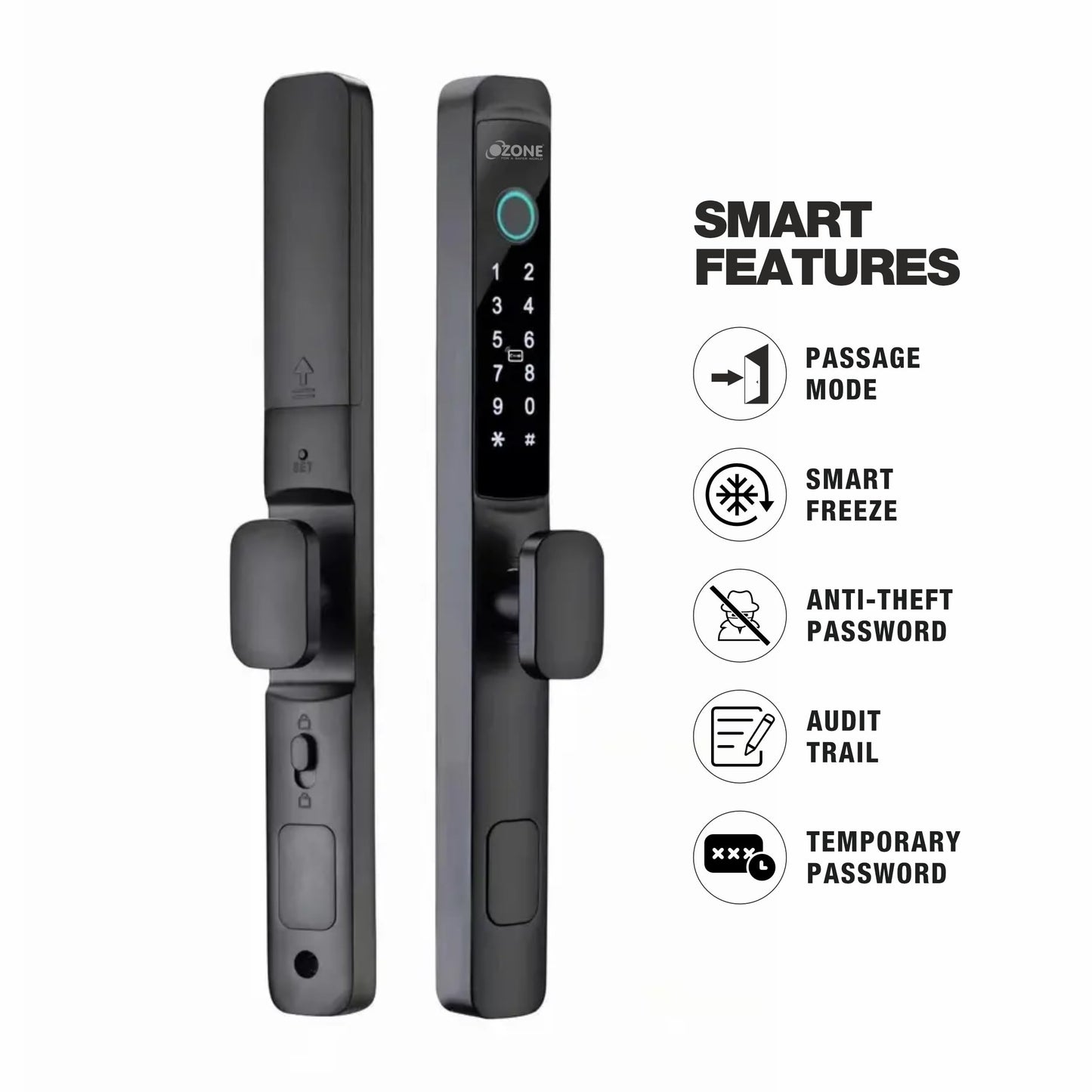 Ozone Narrow Style Wi-Fi Smart Door Lock with 4-way access for Swing & Sliding Doors | Door Thickness: 35-80 mm - Ozone Group