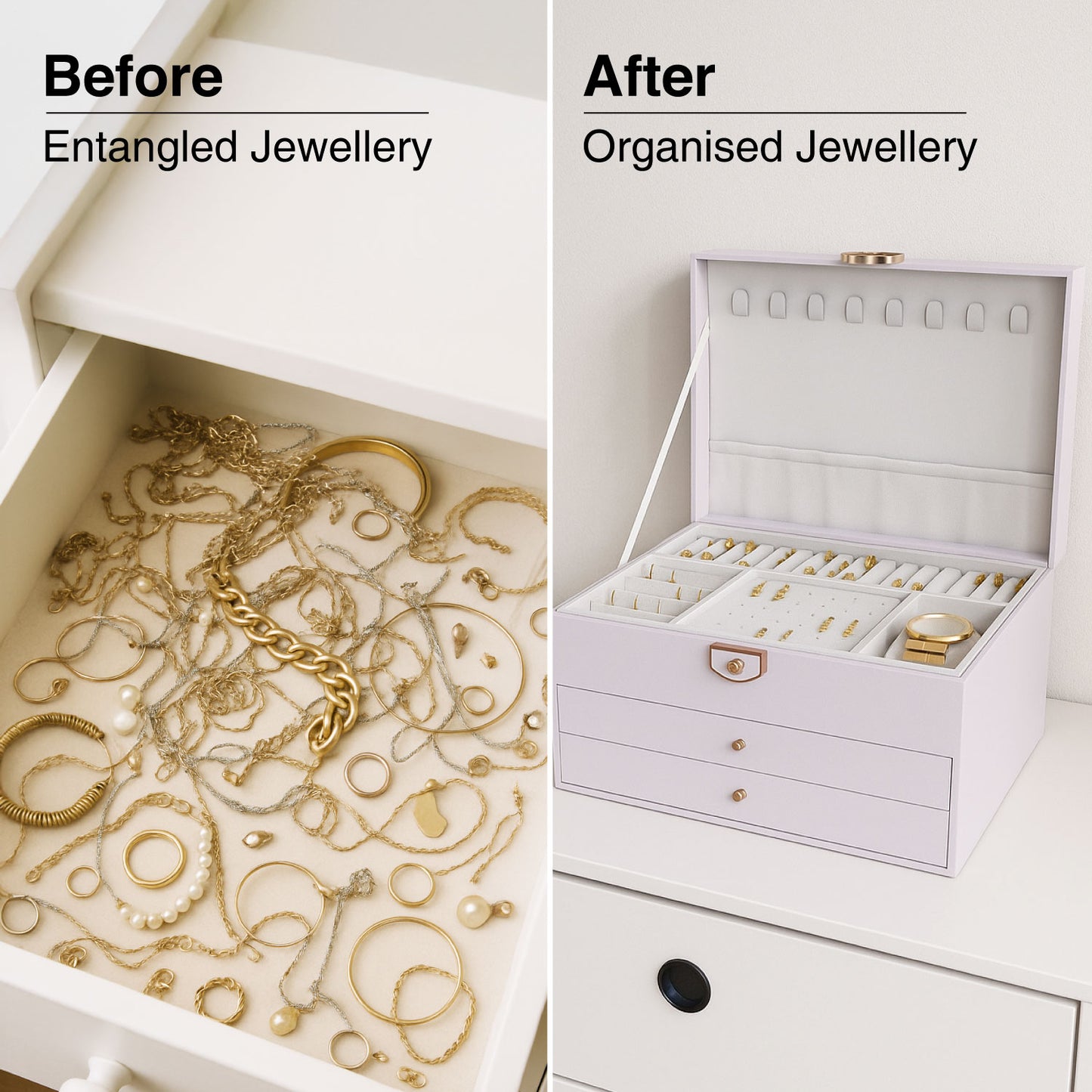 Ozone Jewellery Box with 3 Layers with Premium Leather & Velvet Lining | Necklace Hooks, Ring Slots, Hidden Compartment, Adjustable Sections, Watch Pillow & Removable Storage for Wardrobe, Dresser & Tabletop (White)