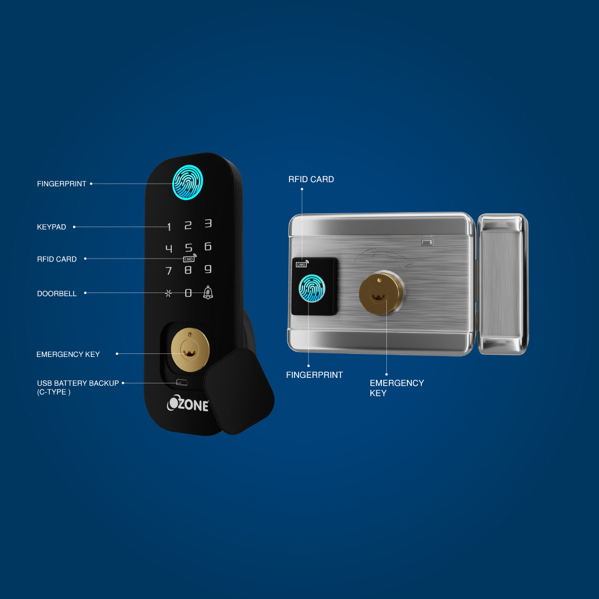 Ozone Double-sided Fingerprint Rim Lock with 4-way access | Door Thickness: 20-65 mm - Ozone Group