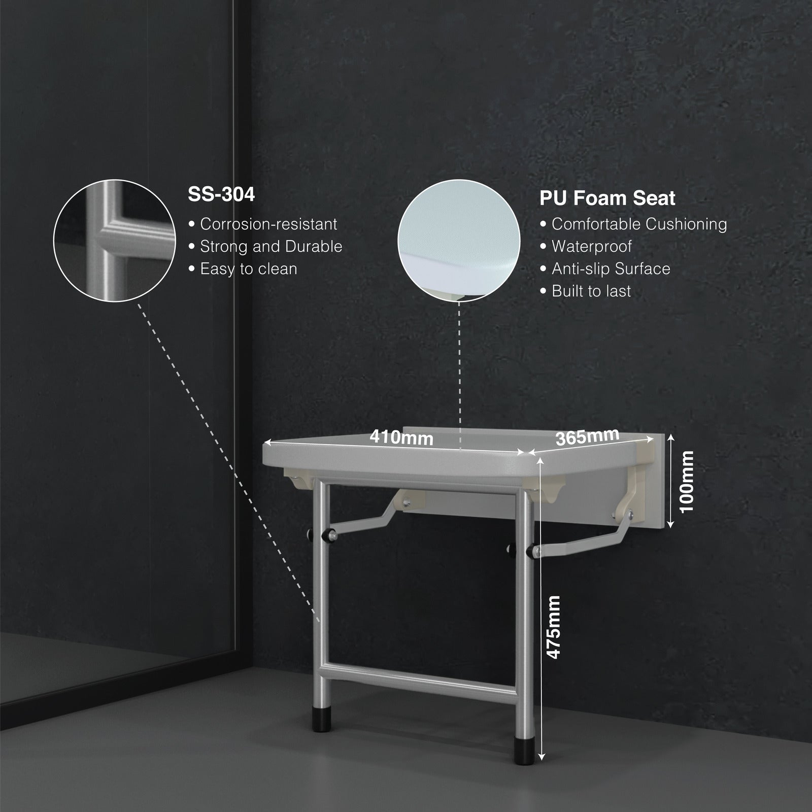 Ozone Multi-purpose Foldable Wall-mounted PU Foam Shower Seat with SS-304 Legs | Load Capacity: Up to 120 Kg - Ozone Group