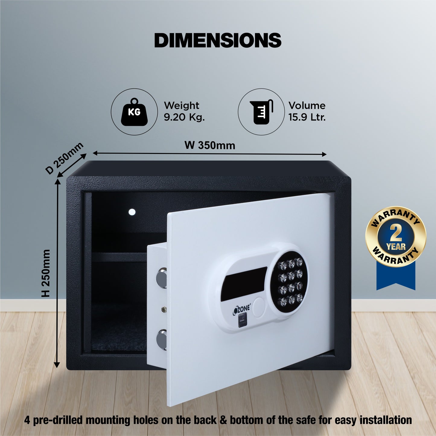 Ozone Digital Safe for Homes | 2-way Access | Password & Emergency Key (15.9 Ltrs.)