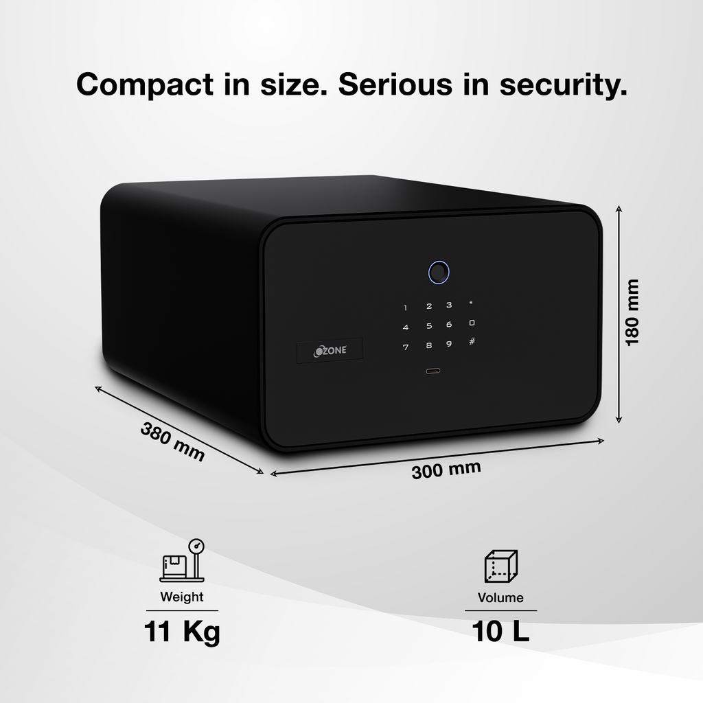 Jewellery Drawer Safe | 10 Litres Wi-Fi Safe Locker for Home & Office – Fingerprint Lock, 3-in-1 Unlocking (OzoLife App, Fingerprint & Password), Size: 180H x 300W x 380D mm, Weight: 11 kg, 2-Year Warranty.