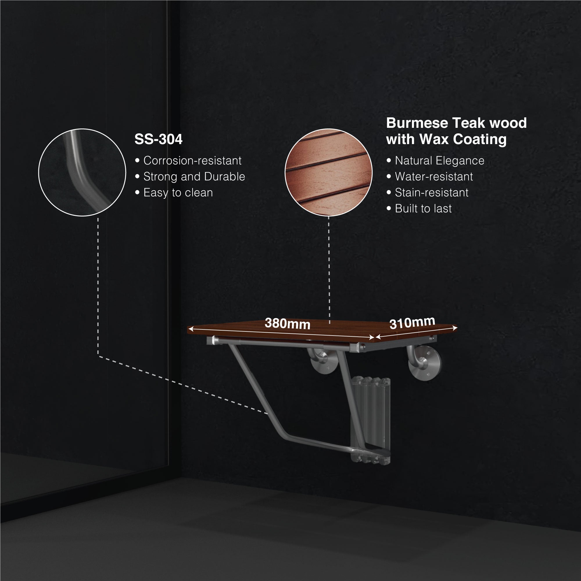 Ozone Multi-purpose Foldable Wall-mounted Shower Seat with SS-304 Legs | Load Capacity: Up to 120 Kg - Ozone Group