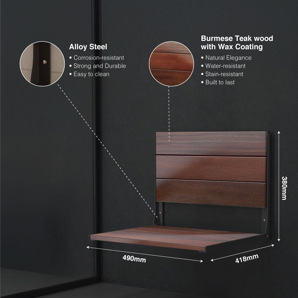 Ozone Multi-purpose Foldable Wall-mounted Burmese Teak wood Shower Seat | Load Capacity: Up to 120 Kg - Ozone Group