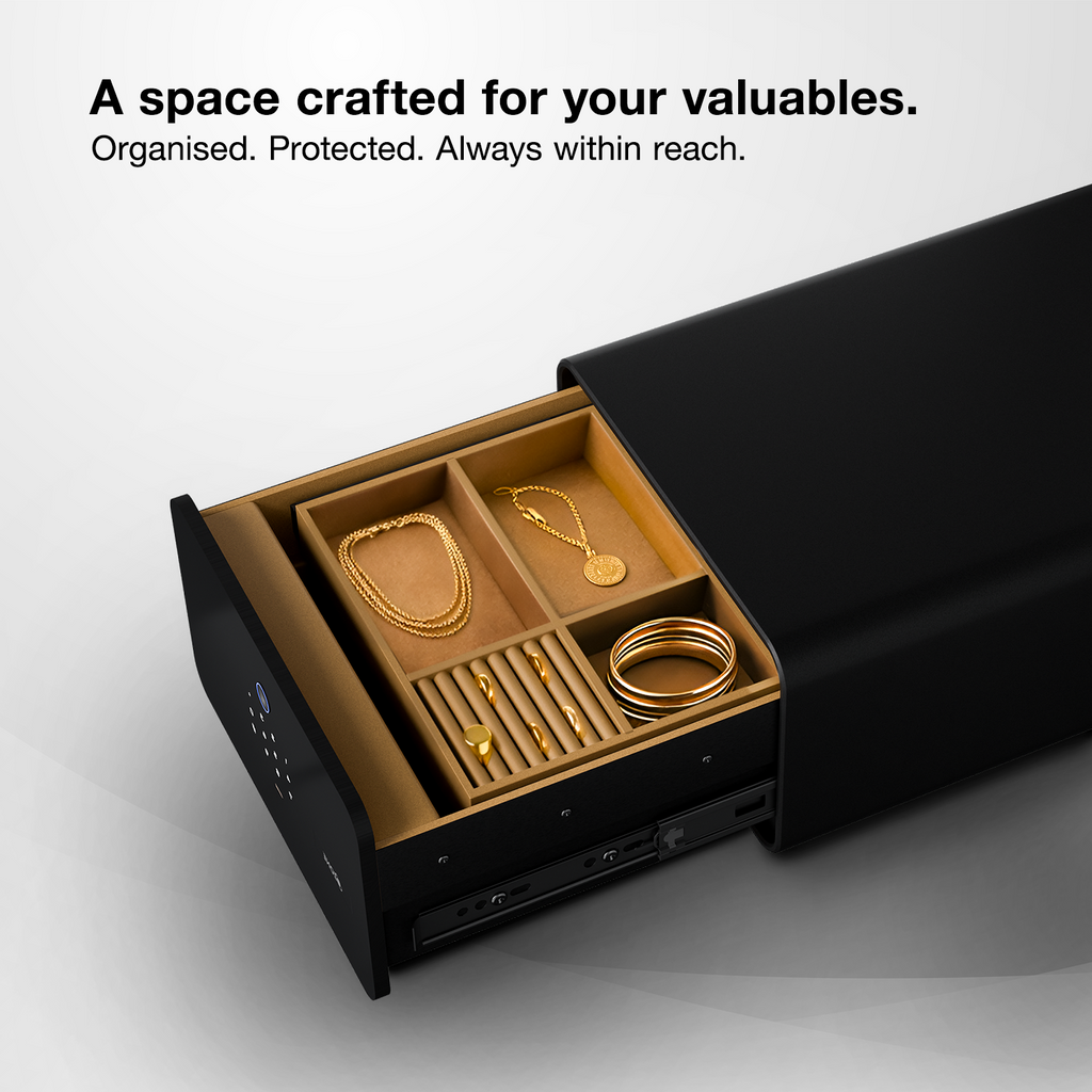 Jewellery Drawer Safe | 10 Litres Wi-Fi Safe Locker for Home & Office – Fingerprint Lock, 3-in-1 Unlocking (OzoLife App, Fingerprint & Password), Size: 180H x 300W x 380D mm, Weight: 11 kg, 2-Year Warranty.