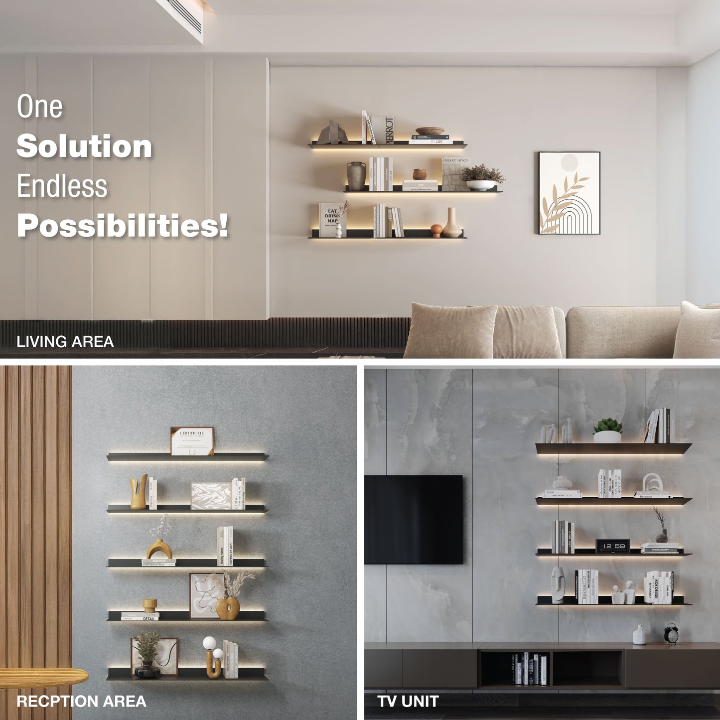 Ozone Wallmounted Floating Shelf System with Builtin LED Lights Sh