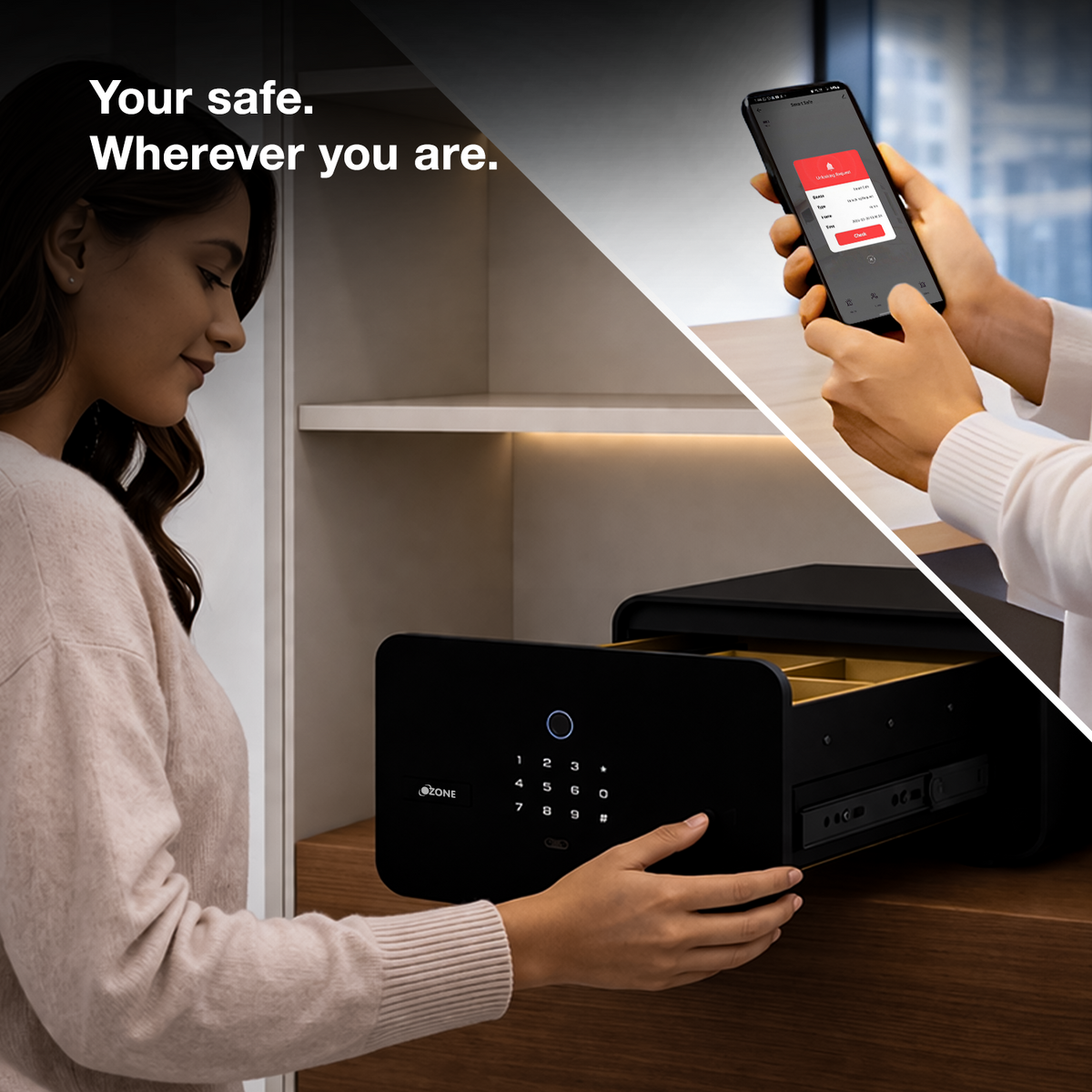Jewellery Drawer Safe | 10 Litres Wi-Fi Safe Locker for Home & Office – Fingerprint Lock, 3-in-1 Unlocking (OzoLife App, Fingerprint & Password), Size: 180H x 300W x 380D mm, Weight: 11 kg, 2-Year Warranty.