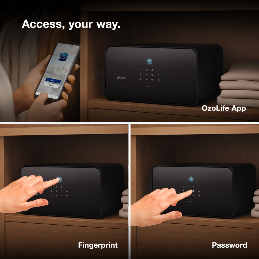 Jewellery Drawer Safe | 10 Litres Wi-Fi Safe Locker for Home & Office – Fingerprint Lock, 3-in-1 Unlocking (OzoLife App, Fingerprint & Password), Size: 180H x 300W x 380D mm, Weight: 11 kg, 2-Year Warranty.