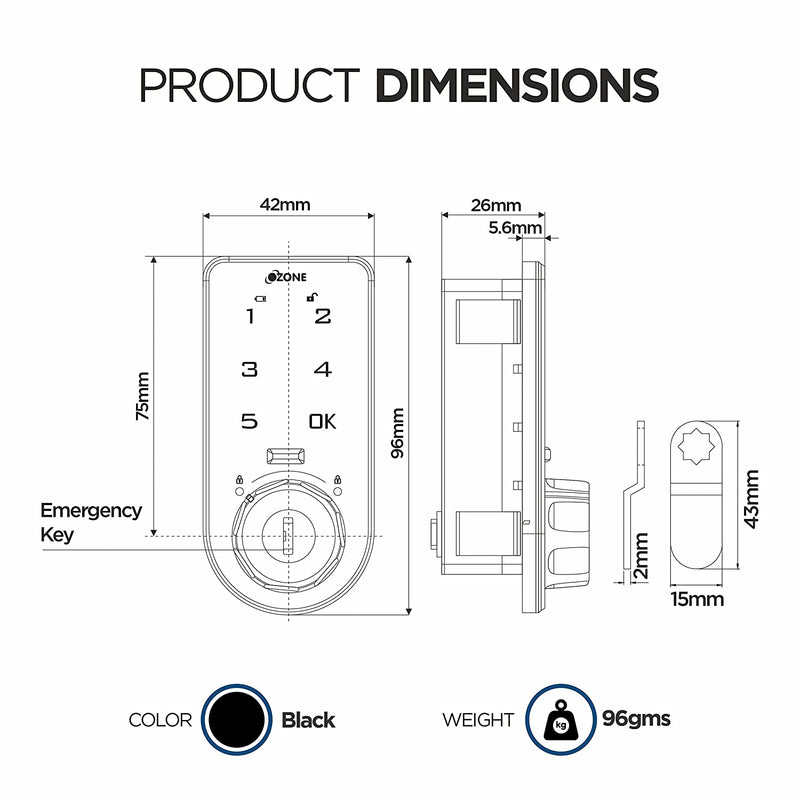 Ozone 301 Vertical Smart Furniture Lock with Password & Key Access | For Wooden/Metal Cabinets & Wardrobes