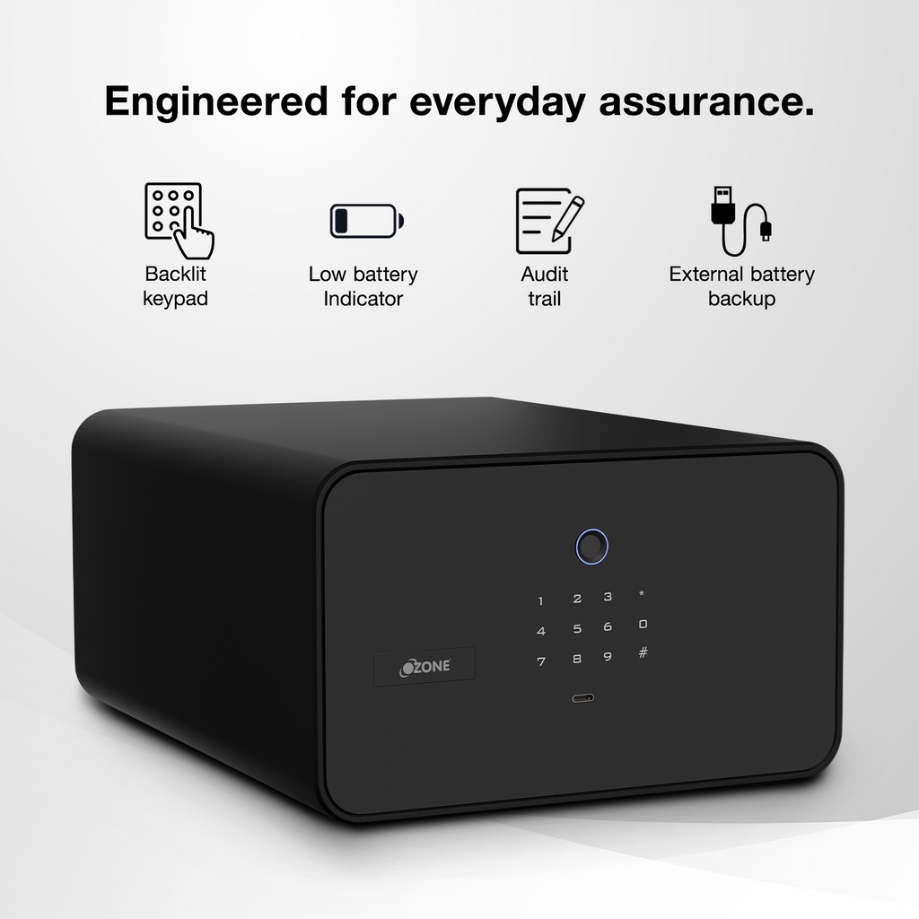 Jewellery Drawer Safe | 10 Litres Wi-Fi Safe Locker for Home & Office – Fingerprint Lock, 3-in-1 Unlocking (OzoLife App, Fingerprint & Password), Size: 180H x 300W x 380D mm, Weight: 11 kg, 2-Year Warranty.
