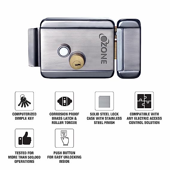 Ozone Electric Rim Lock for Inside Opening Doors Stainless Steel Brass Double Cylinder Door Lock (Left and Right Hand Side)