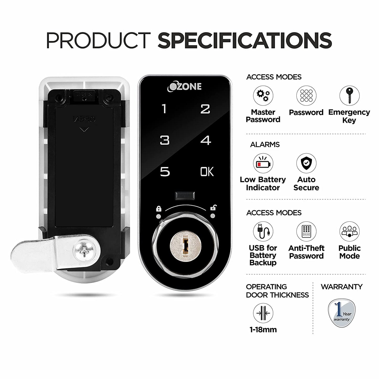 Ozone 301 Vertical Smart Furniture Lock with Password & Key Access | For Wooden/Metal Cabinets & Wardrobes