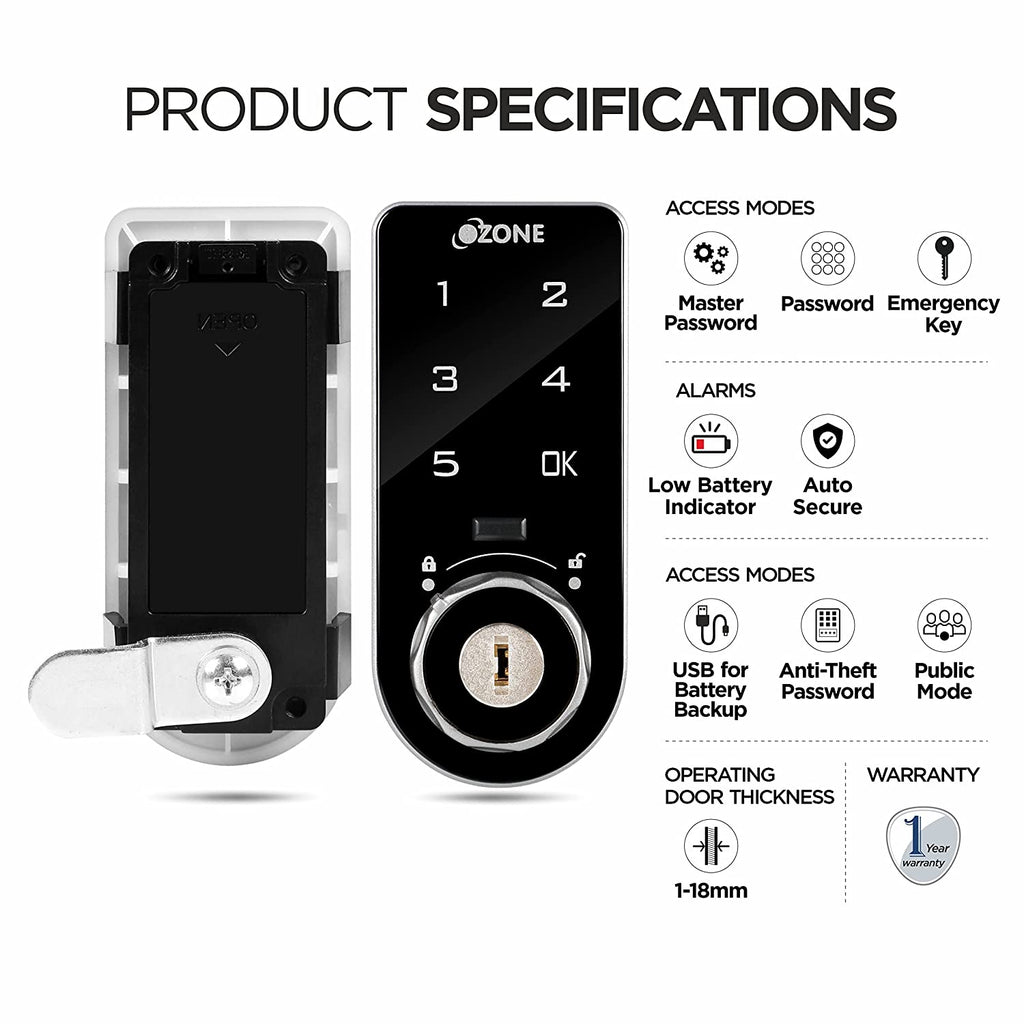 Ozone 301 Vertical Smart Furniture Lock with Password & Key Access | For Wooden/Metal Cabinets & Wardrobes - Ozone Group