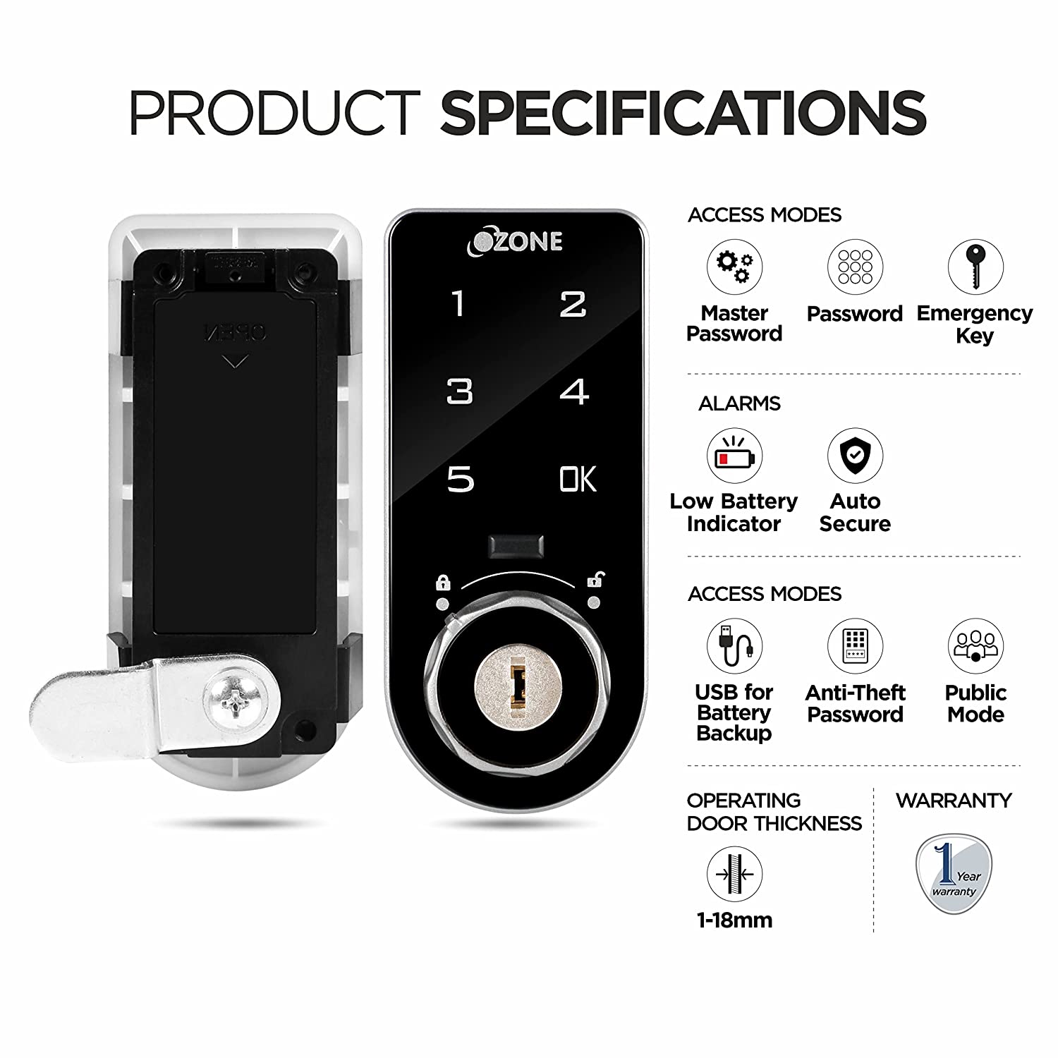 Ozone 301 Vertical Smart Furniture Lock with Password & Key Access | For Wooden/Metal Cabinets & Wardrobes - Ozone Group