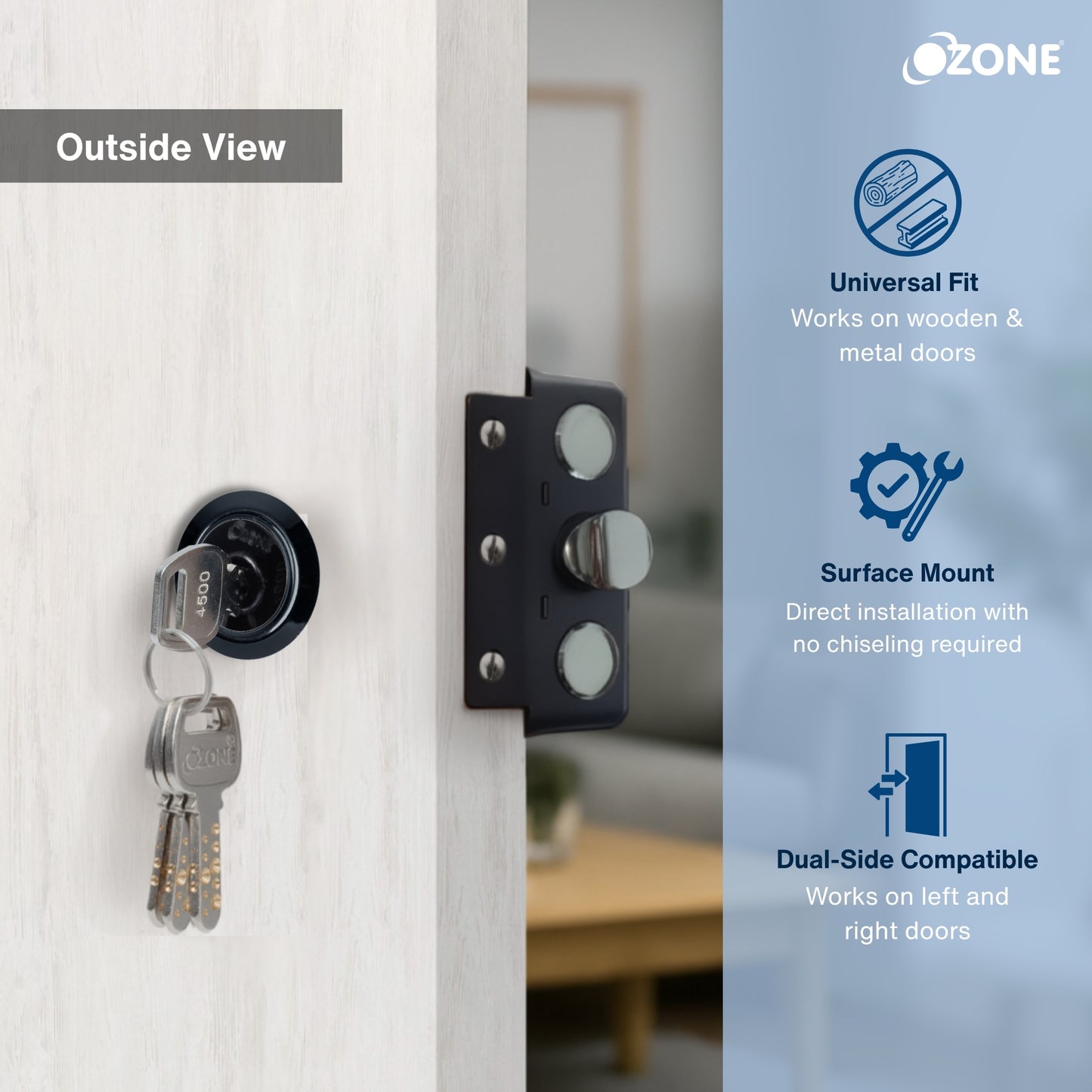 Ozone Dual-Tone Main Door Lock with Key and Knob Mechanism | Door Thickness: 30–85 mm