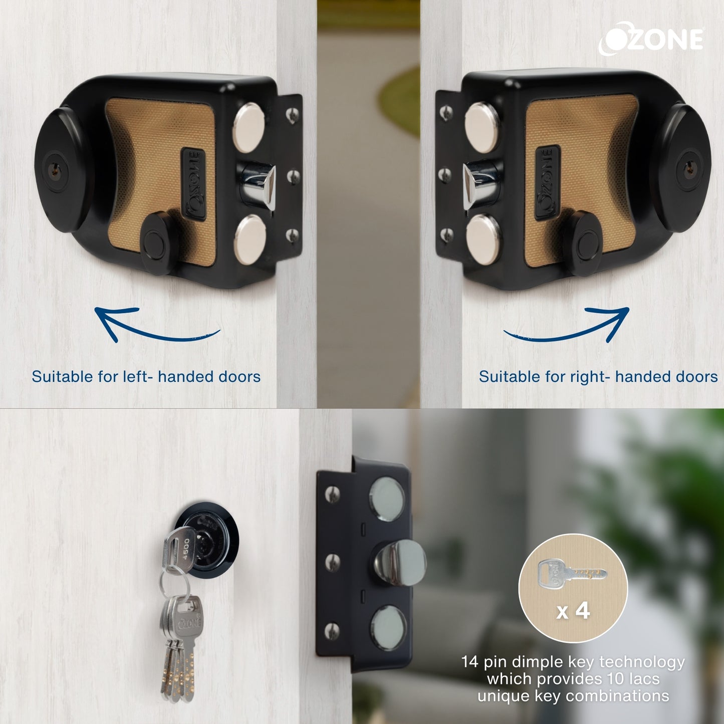 Ozone Dual-Tone Main Door Lock with Key and Knob Mechanism | Door Thickness: 30–85 mm