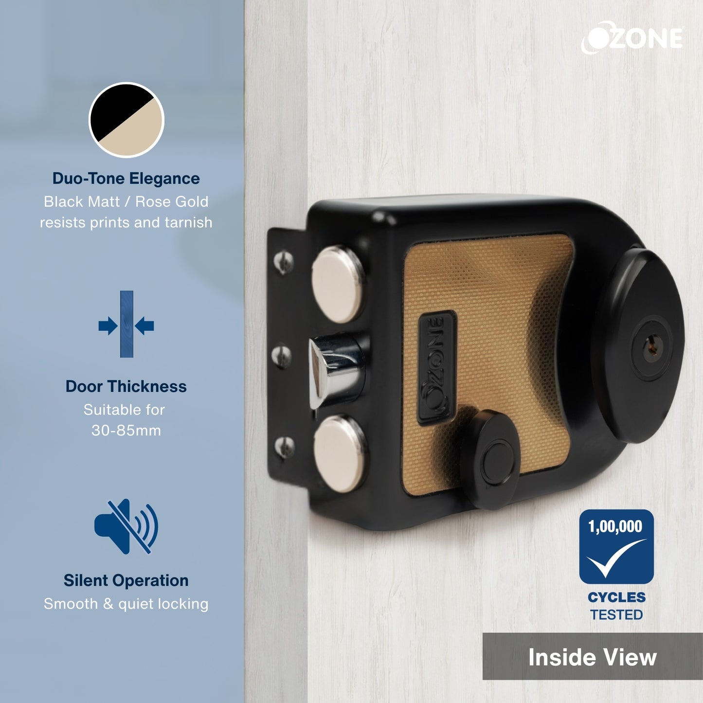 Ozone Dual-Tone Main Door Lock with Key and Knob Mechanism | Door Thickness: 30–85 mm