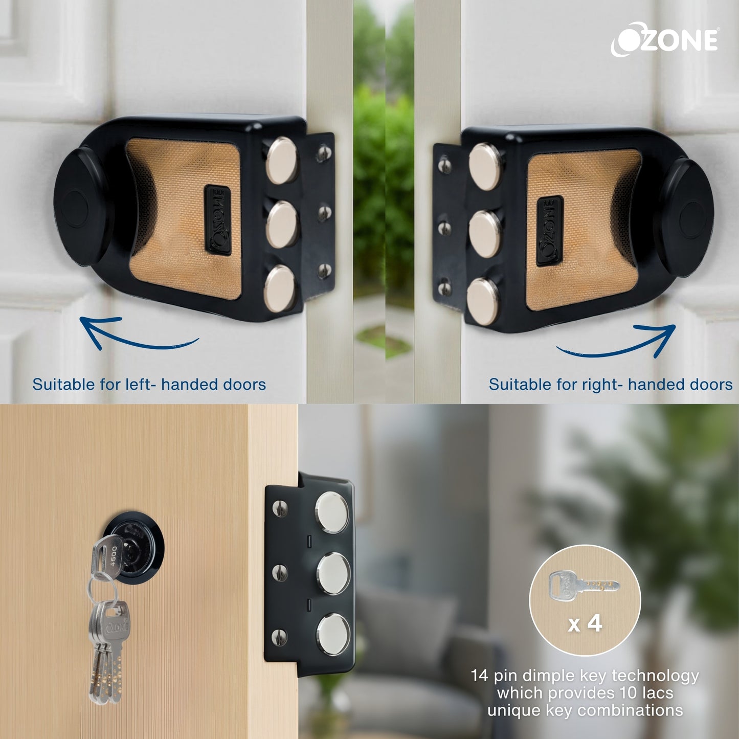 Ozone Dual-Tone Main Door Lock | 14-Pin Dimple Key Cylinder | Door Thickness: 30–85 mm