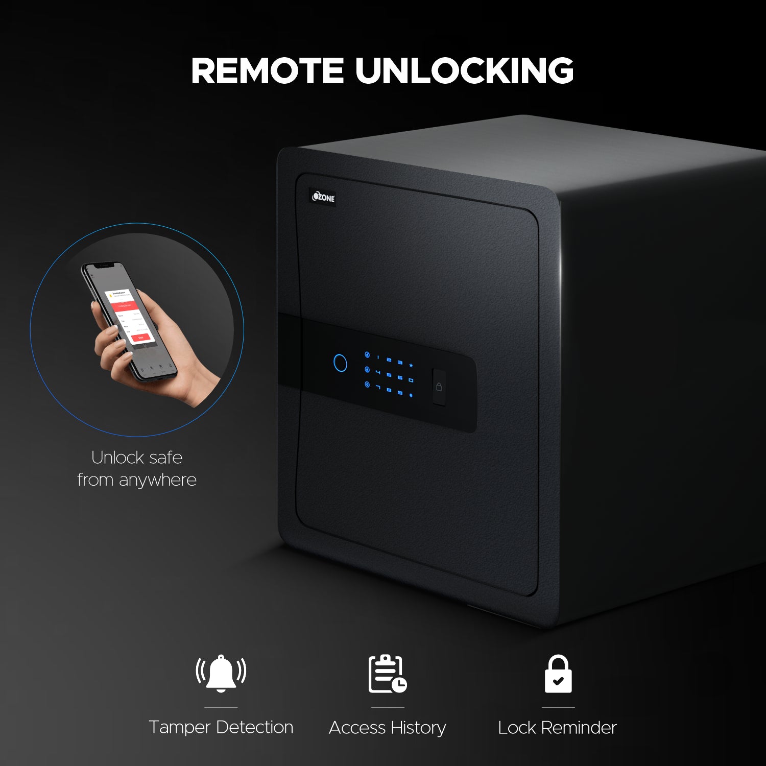 Ozone 45 Litres Wi-Fi Safe Locker for Home & Office – Fingerprint Lock, 3-in-1 Unlocking (OzoLife App, Fingerprint & Password), Size: 450H x 380W x 320D mm, Weight: 18kg, 2-Year Warranty - Ozone Group