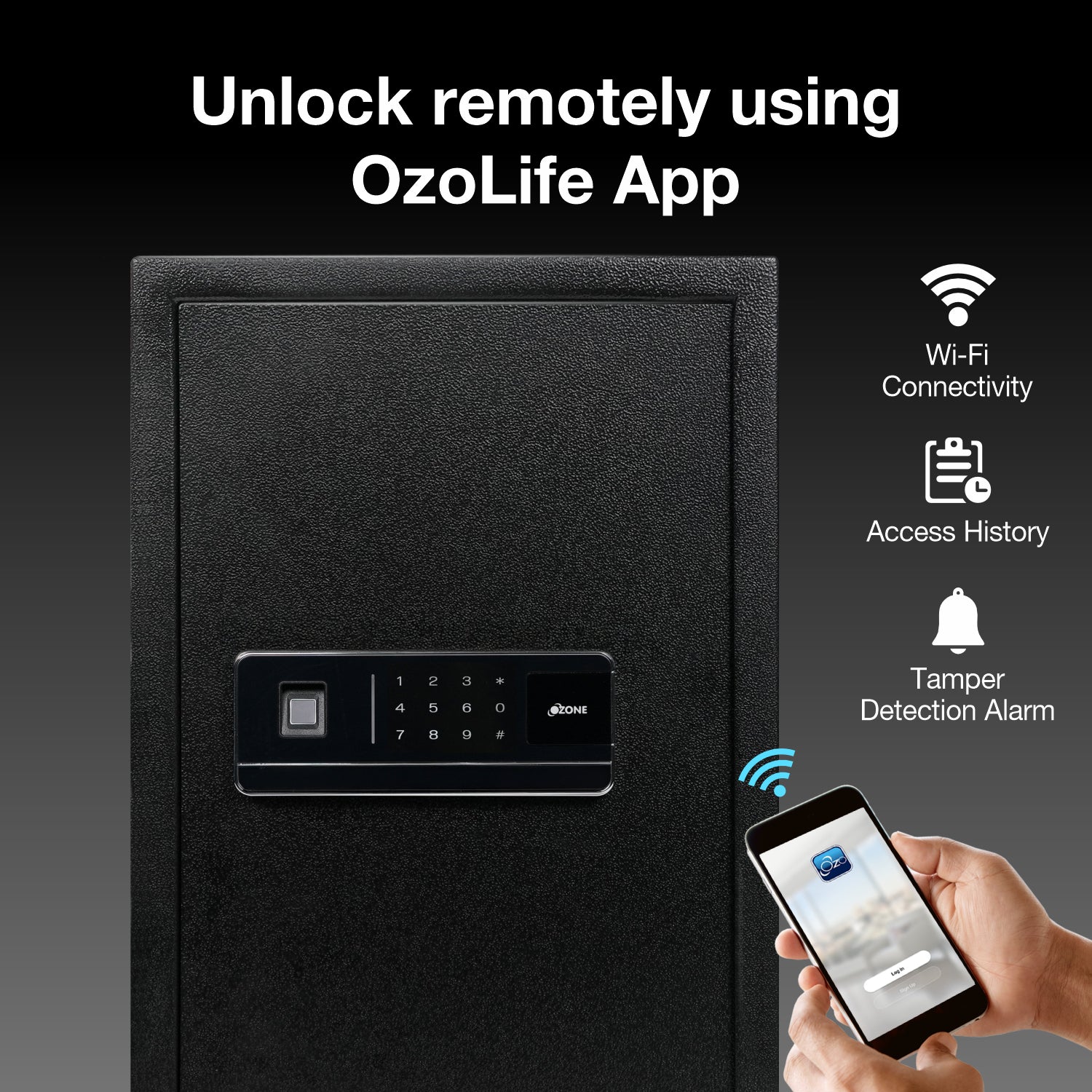 Ozone 55 Litres Wi-Fi Safe Locker for Home & Office – Fingerprint Lock, 3-in-1 Unlocking (OzoLife App, Fingerprint & Password), Size: 555H x 350W x 360D mm, Weight: 24.7kg, 2-Year Warranty - Ozone Group