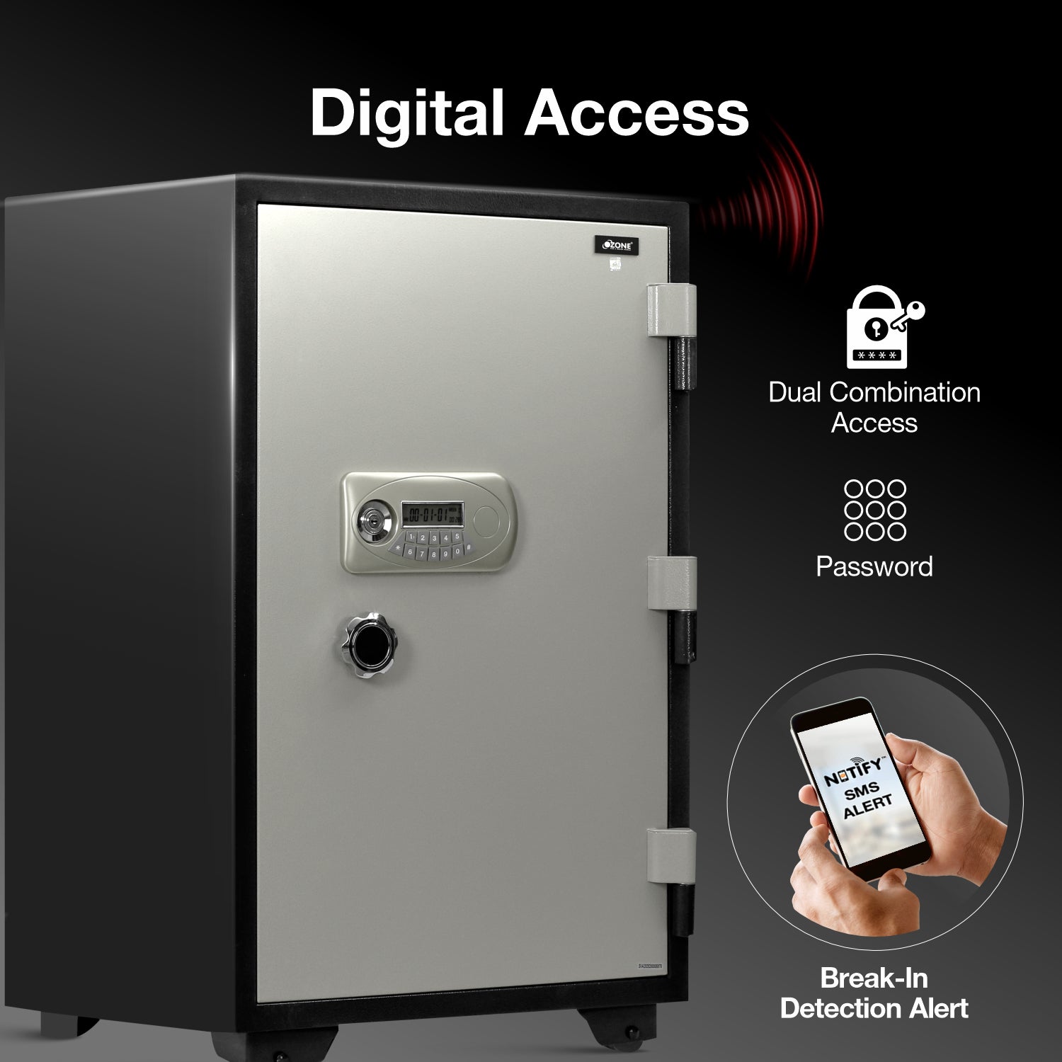 Ozone 145 Litres Fire-resistant Safe Locker with Notify Module for Factories & Warehouses – Digital Lock, 1-Way Unlocking (Password), Size: 985H x 600W x 570D mm, Weight: 220kg, 2-Year Warranty - Ozone Group