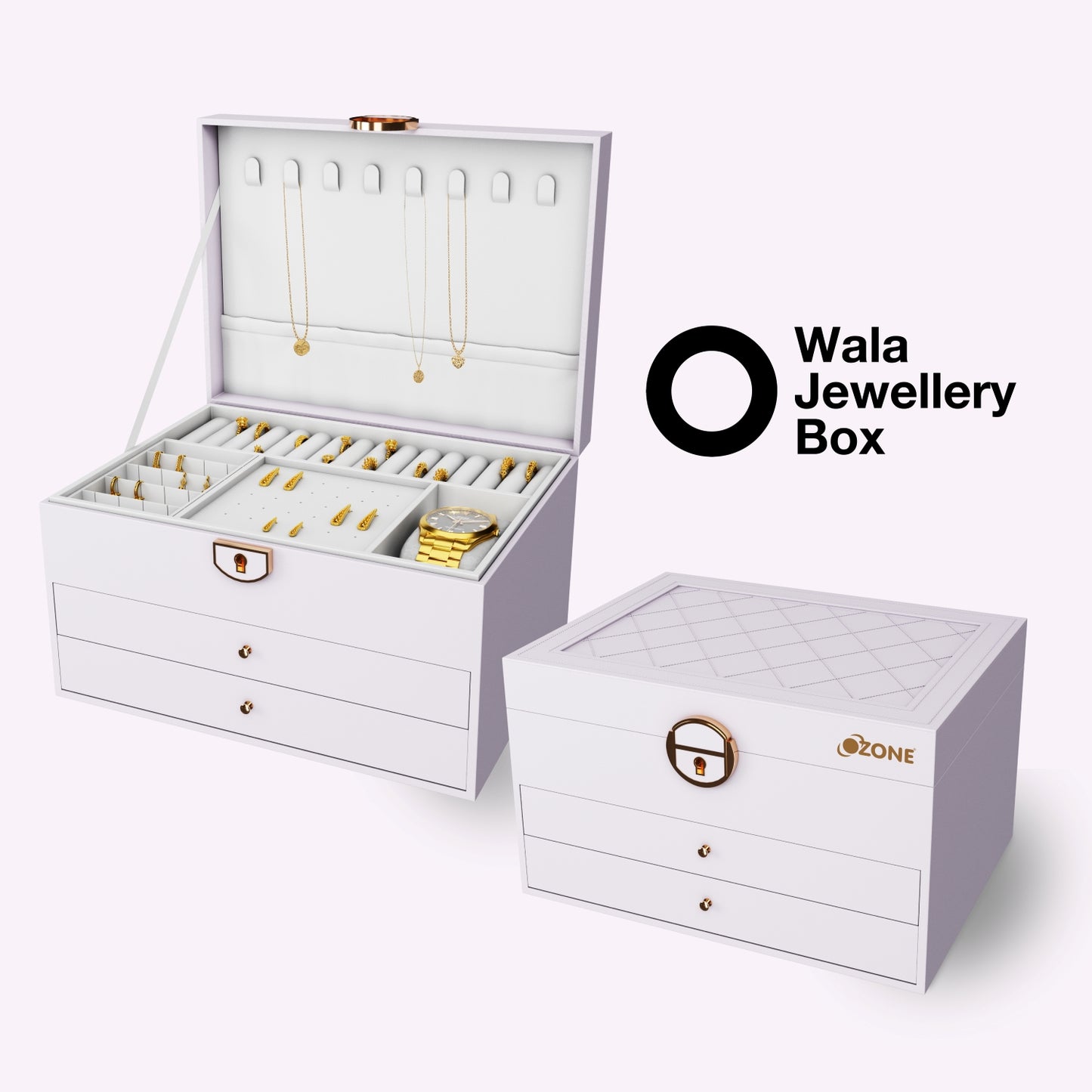 Ozone Jewellery Box with 3 Layers with Premium Leather & Velvet Lining | Necklace Hooks, Ring Slots, Hidden Compartment, Adjustable Sections, Watch Pillow & Removable Storage for Wardrobe, Dresser & Tabletop (White)