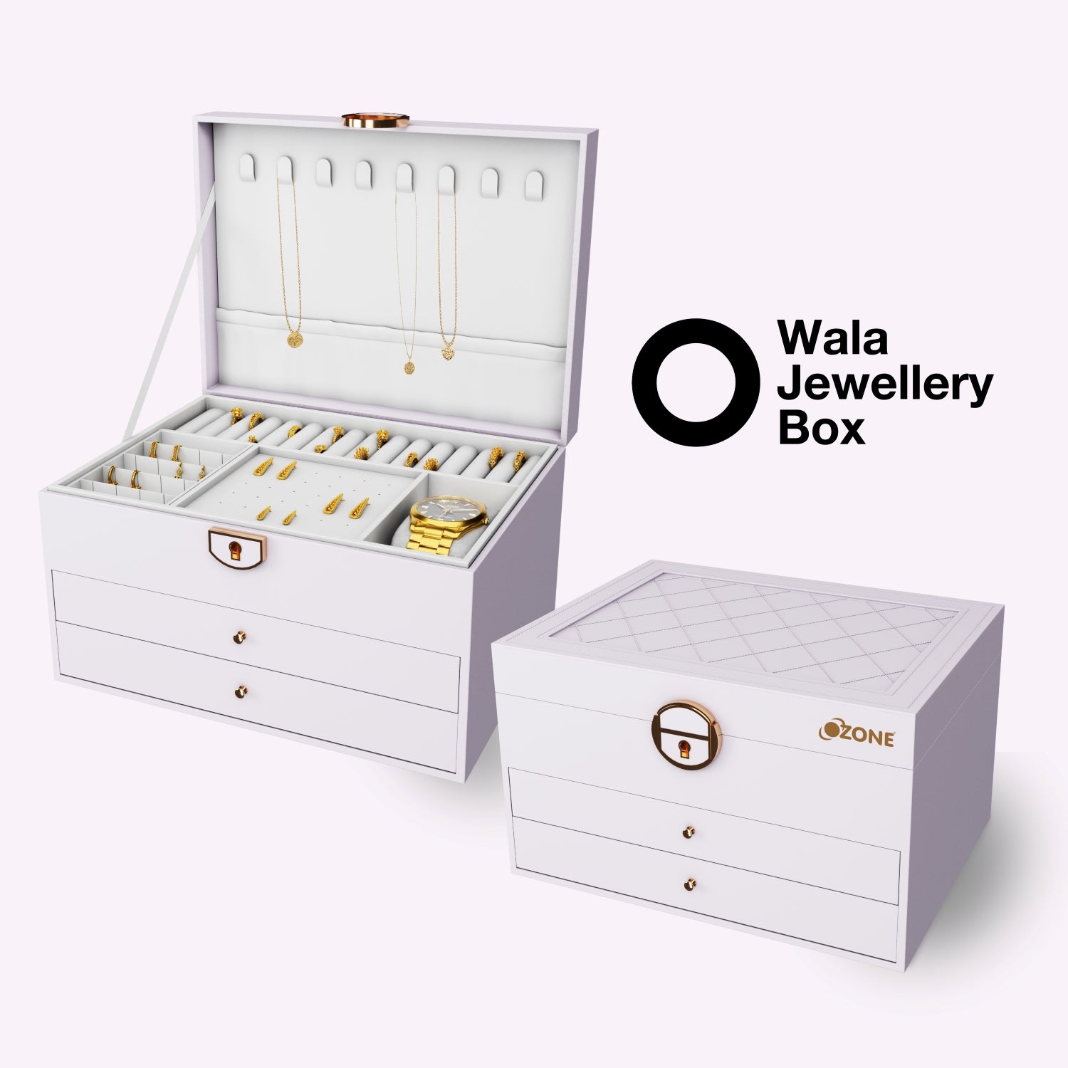 Ozone Jewellery Box with 3 Layers with Premium Leather & Velvet Lining | Necklace Hooks, Ring Slots, Hidden Compartment, Adjustable Sections, Watch Pillow & Removable Storage for Wardrobe, Dresser & Tabletop (White)