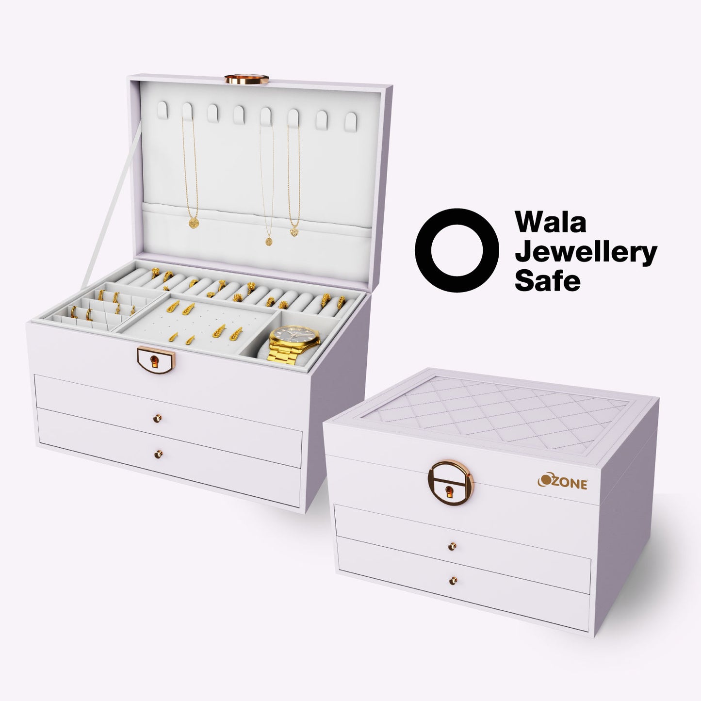 Ozone Jewellery Box with 3 Layers with Premium Leather & Velvet Lining | Necklace Hooks, Ring Slots, Hidden Compartment, Adjustable Sections, Watch Pillow & Removable Storage for Wardrobe, Dresser & Tabletop (White)