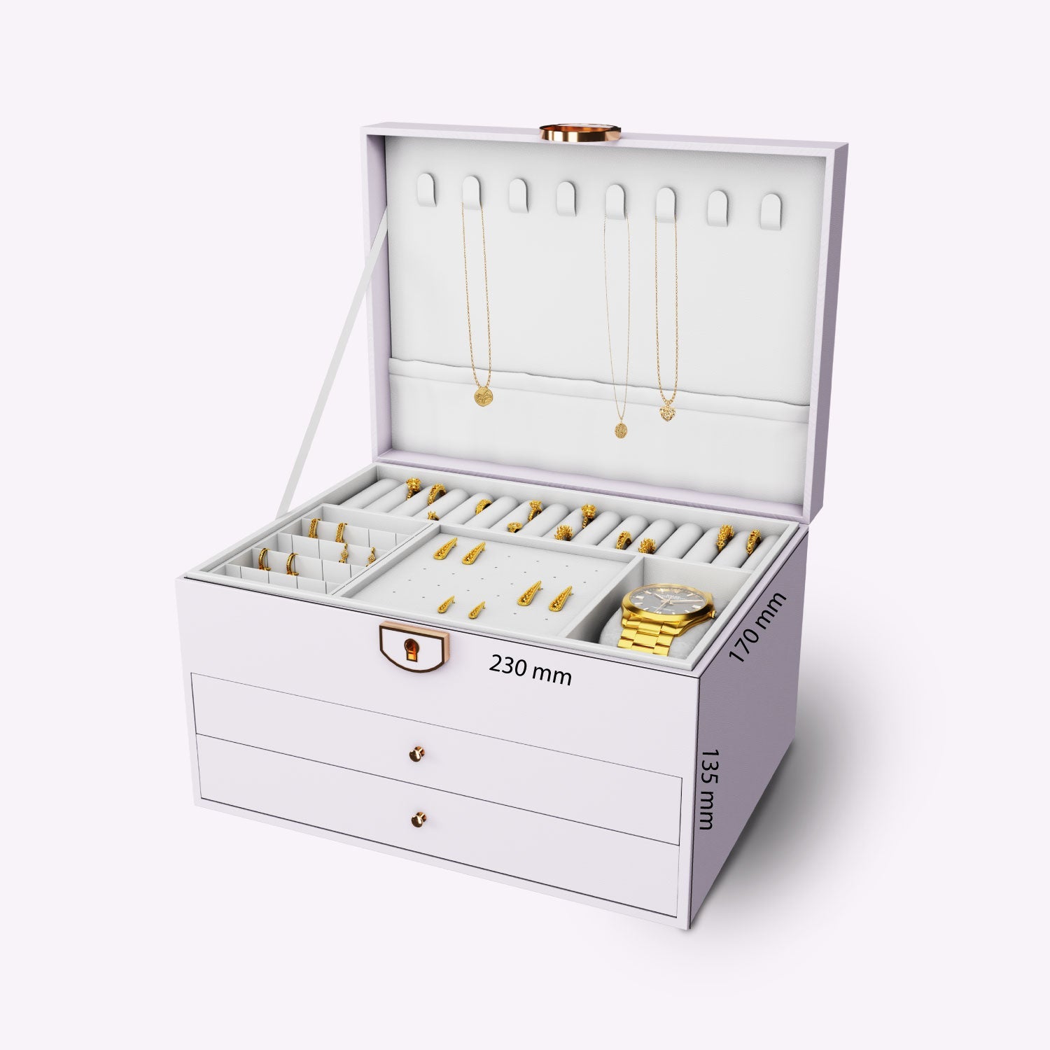 Ozone Jewellery Box with 3 Layers with Premium Leather & Velvet Lining | Necklace Hooks, Ring Slots, Hidden Compartment, Adjustable Sections, Watch Pillow & Removable Storage for Wardrobe, Dresser & Tabletop (White)