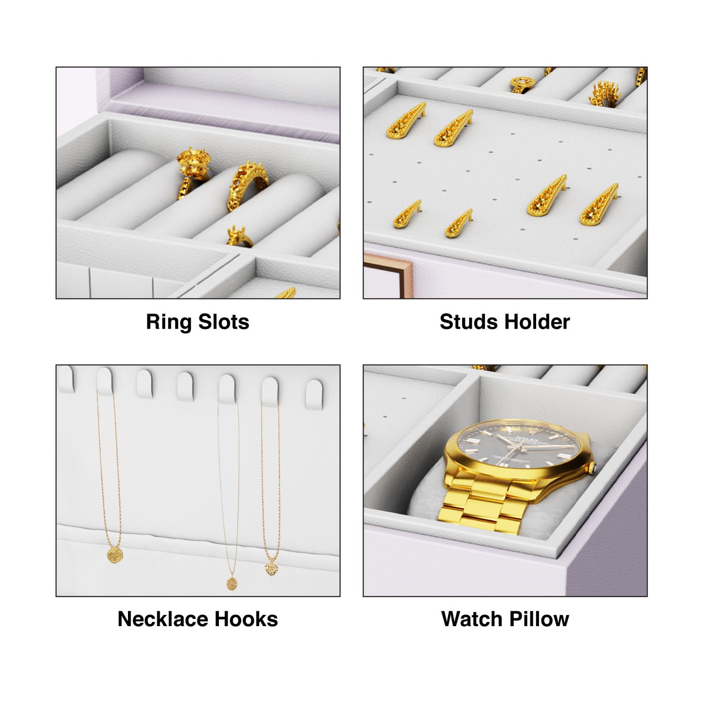 Ozone Jewellery Box with 3 Layers with Premium Leather & Velvet Lining | Necklace Hooks, Ring Slots, Hidden Compartment, Adjustable Sections, Watch Pillow & Removable Storage for Wardrobe, Dresser & Tabletop (White)