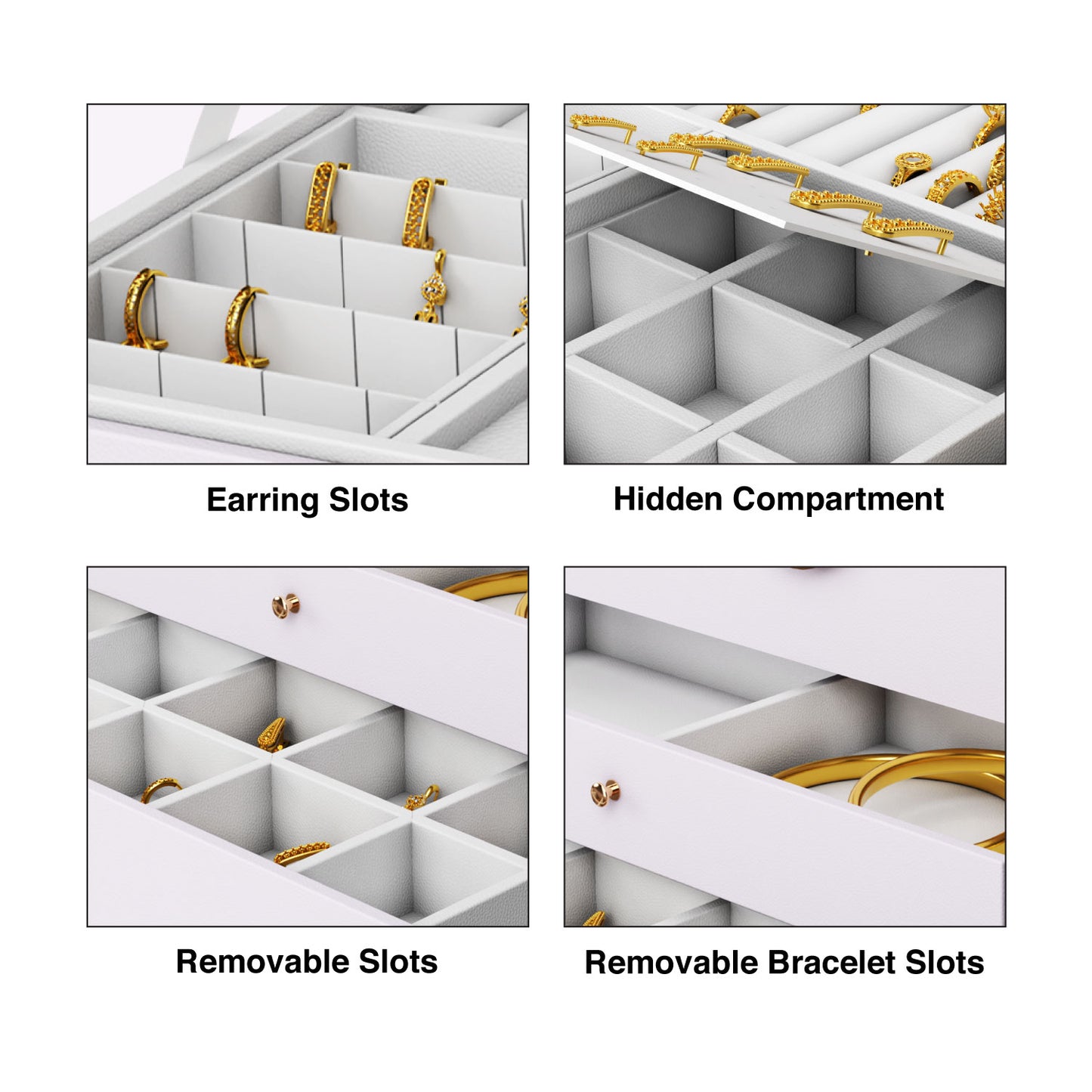 Ozone Jewellery Box with 3 Layers with Premium Leather & Velvet Lining | Necklace Hooks, Ring Slots, Hidden Compartment, Adjustable Sections, Watch Pillow & Removable Storage for Wardrobe, Dresser & Tabletop (White)