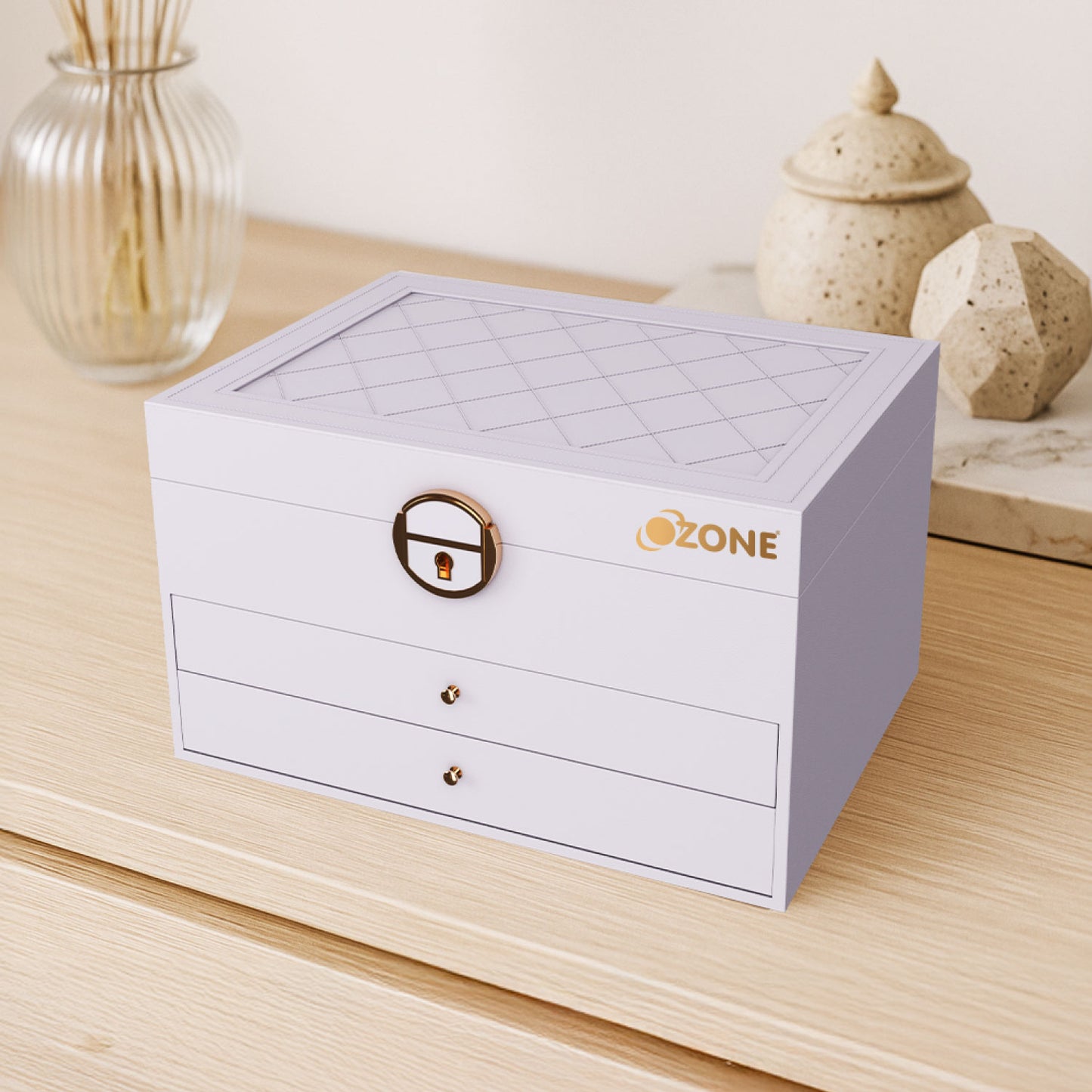 Ozone Jewellery Box with 3 Layers with Premium Leather & Velvet Lining | Necklace Hooks, Ring Slots, Hidden Compartment, Adjustable Sections, Watch Pillow & Removable Storage for Wardrobe, Dresser & Tabletop (White)