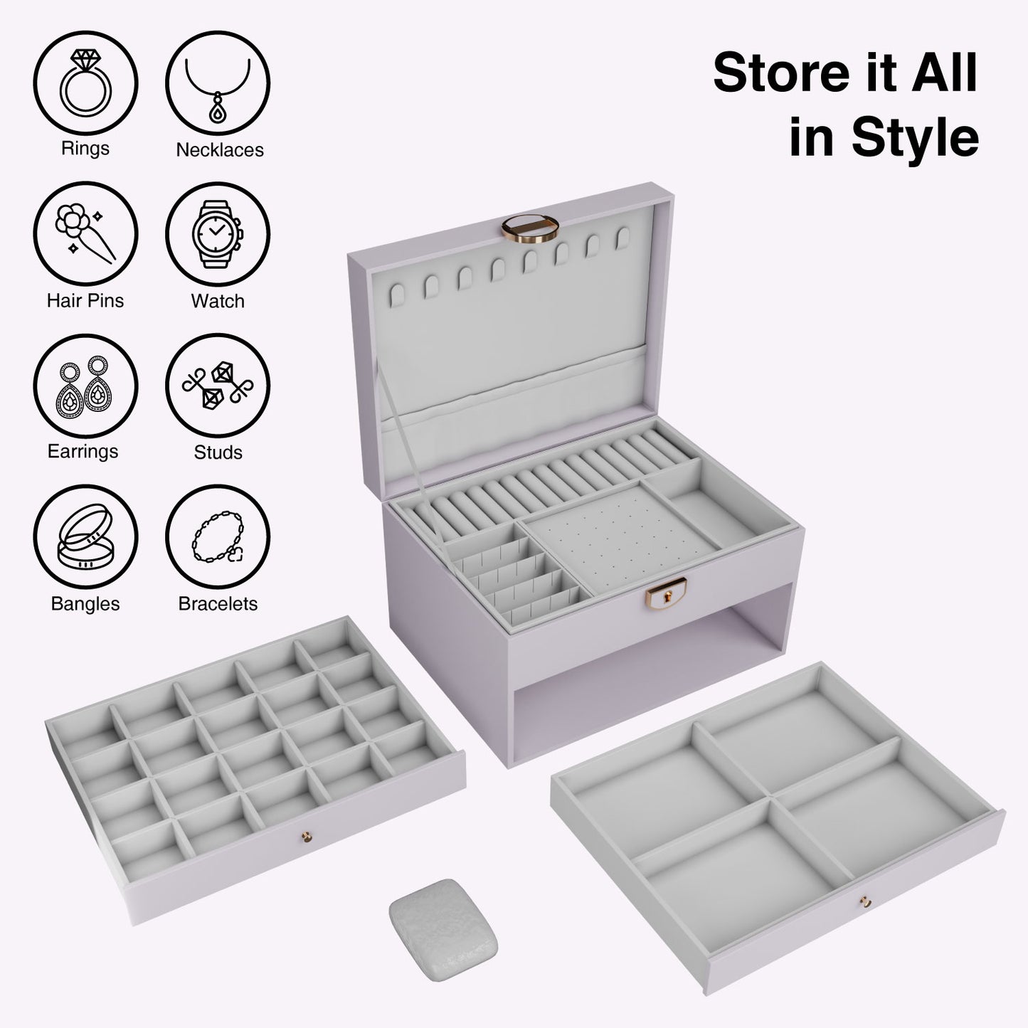 Ozone Jewellery Box with 3 Layers with Premium Leather & Velvet Lining | Necklace Hooks, Ring Slots, Hidden Compartment, Adjustable Sections, Watch Pillow & Removable Storage for Wardrobe, Dresser & Tabletop (White)
