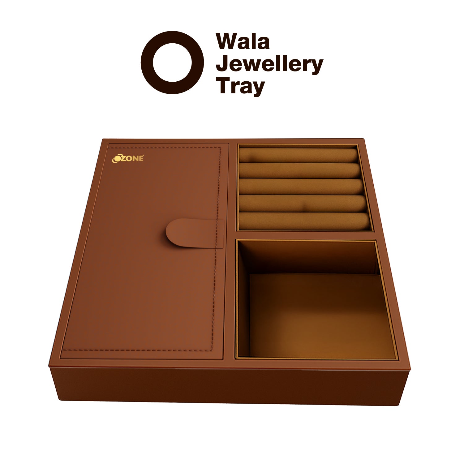 Ozone Jewellery Tray Organizer with Faux Leather & Velvet Lining | Ring, Bracelet, Cash & Accessory Holder | Compatible with Safes, Wardrobes, Bedside Tables & Dressers (Mocha Brown)