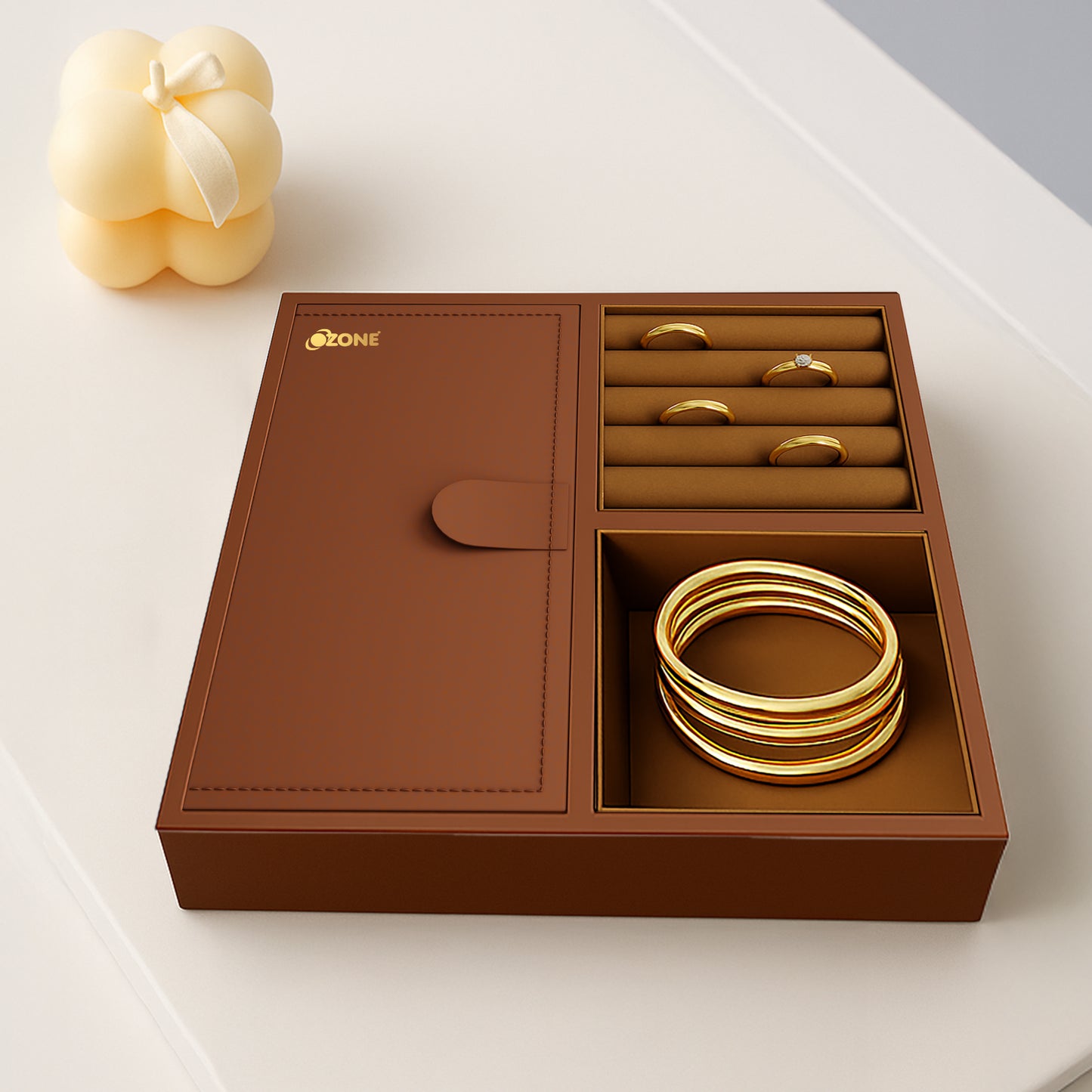 Ozone Jewellery Tray Organizer with Faux Leather & Velvet Lining | Ring, Bracelet, Cash & Accessory Holder | Compatible with Safes, Wardrobes, Bedside Tables & Dressers (Mocha Brown)