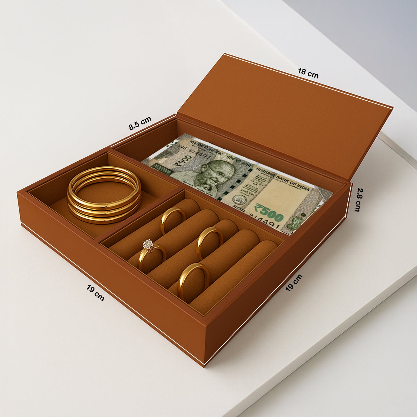 Ozone Jewellery Tray Organizer with Faux Leather & Velvet Lining | Ring, Bracelet, Cash & Accessory Holder | Compatible with Safes, Wardrobes, Bedside Tables & Dressers (Mocha Brown)