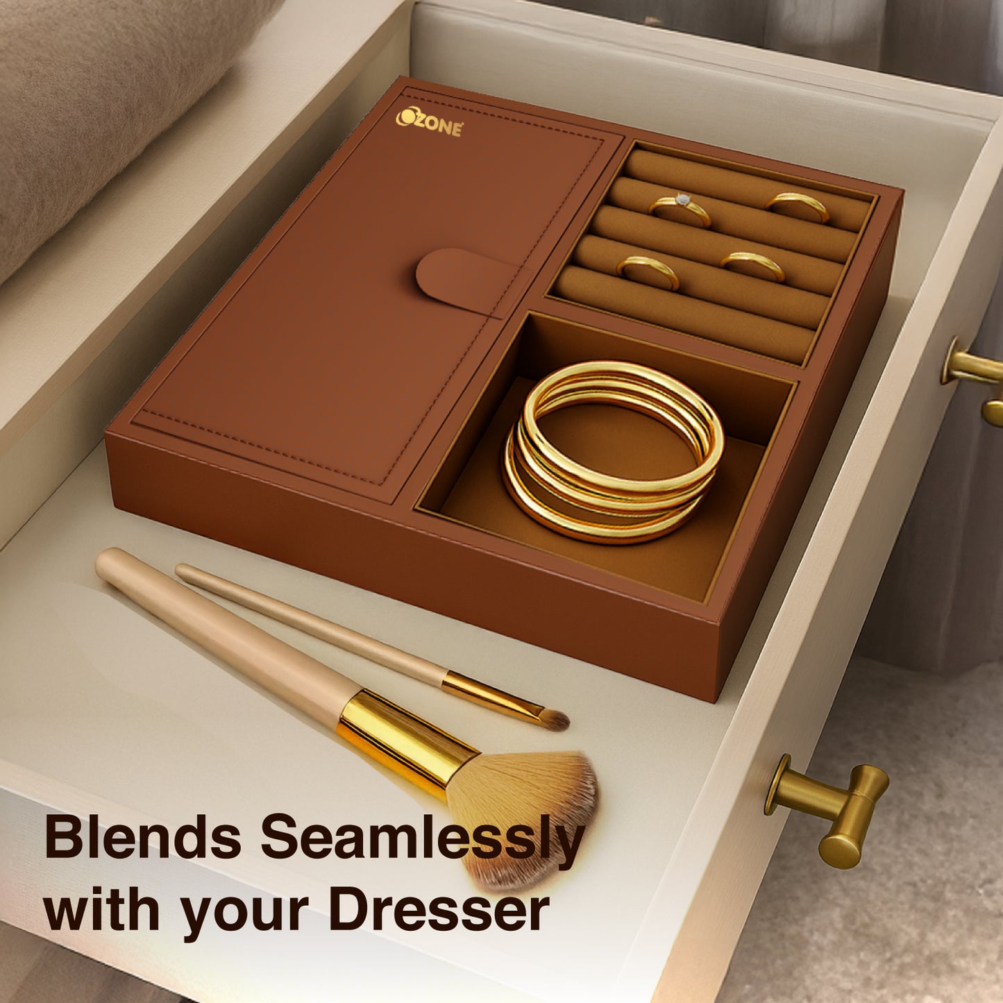 Ozone Jewellery Tray Organizer with Faux Leather & Velvet Lining | Ring, Bracelet, Cash & Accessory Holder | Compatible with Safes, Wardrobes, Bedside Tables & Dressers (Mocha Brown)