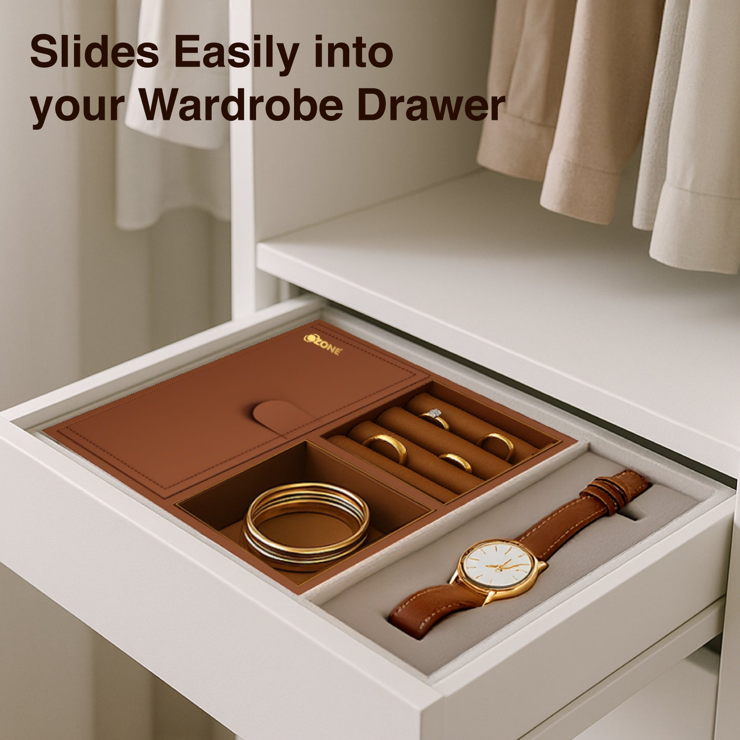 Ozone Jewellery Tray Organizer with Faux Leather & Velvet Lining | Ring, Bracelet, Cash & Accessory Holder | Compatible with Safes, Wardrobes, Bedside Tables & Dressers (Mocha Brown)