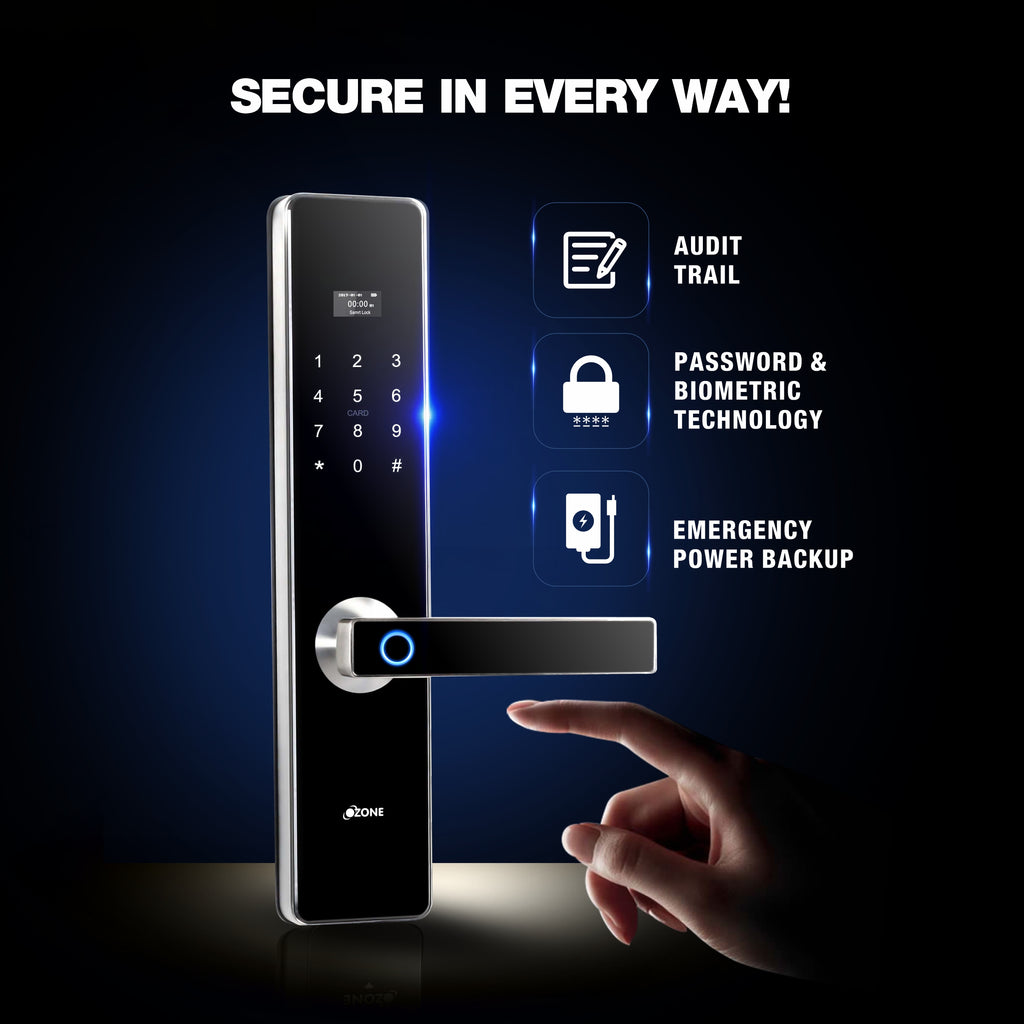 Ozone Morphy Plus Smart Door Lock with 3-way access | Door Thickness: 35-100 mm (Satin Chrome)