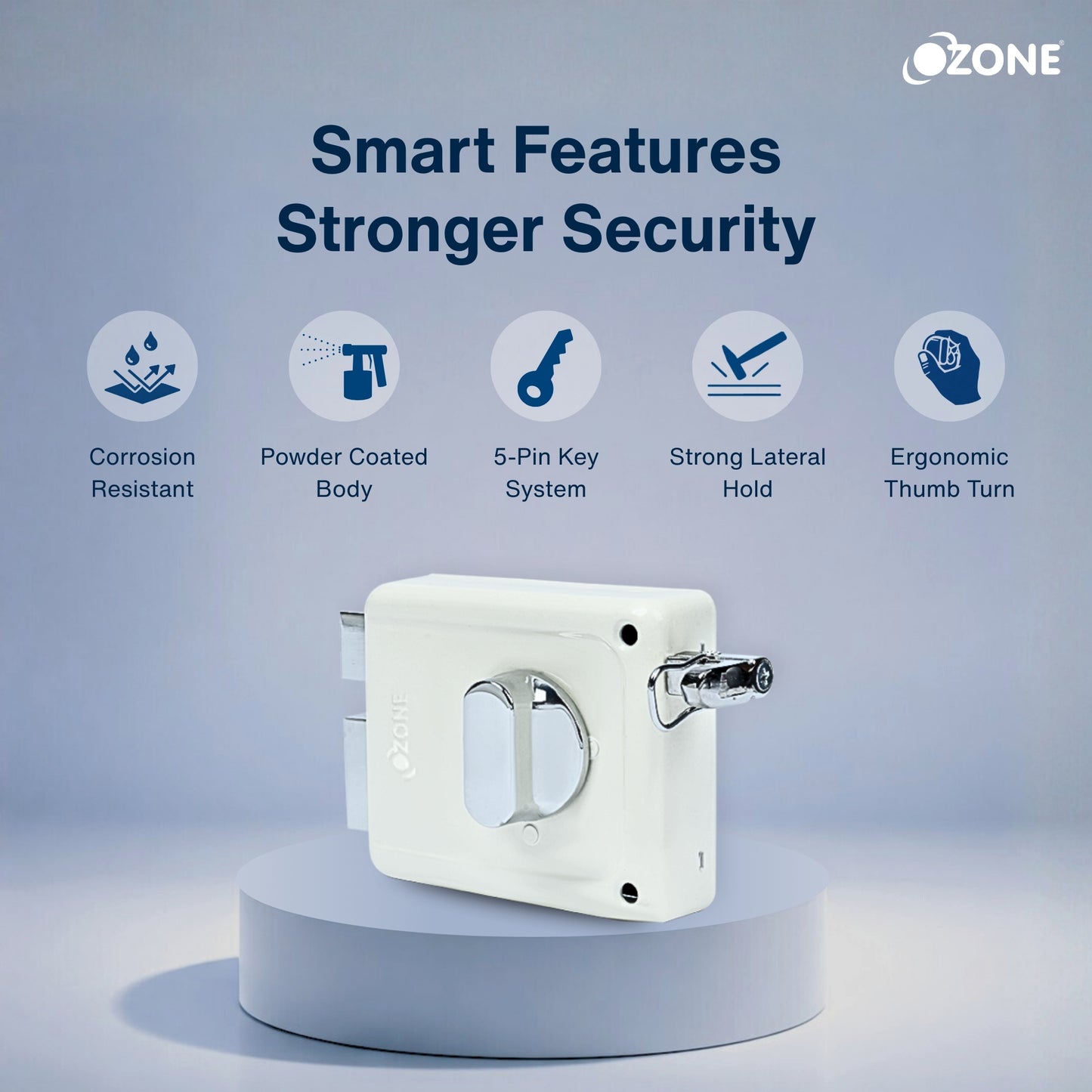Ozone Surface-Mounted Main Door Rim Lock | Premium Build with 5-Years Warranty | For 30–85 mm Wooden Doors