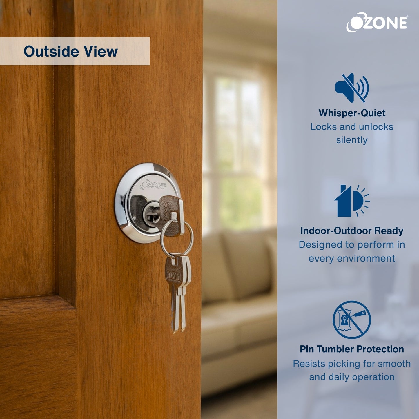 Ozone Surface-Mounted Main Door Rim Lock | Premium Build with 5-Years Warranty | For 30–85 mm Wooden Doors