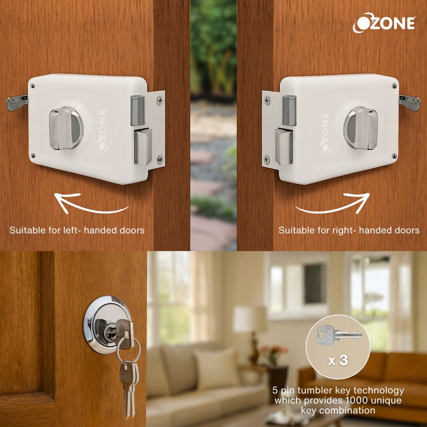 Ozone Surface-Mounted Main Door Rim Lock | Premium Build with 5-Years Warranty | For 30–85 mm Wooden Doors