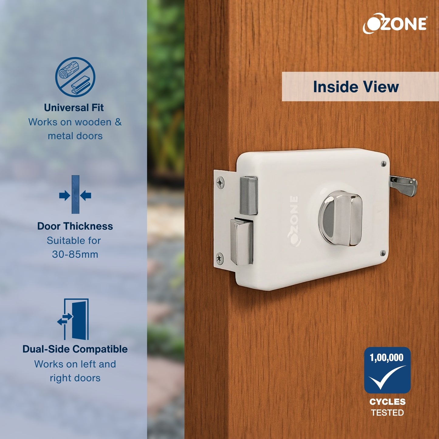 Ozone Surface-Mounted Main Door Rim Lock | Premium Build with 5-Years Warranty | For 30–85 mm Wooden Doors