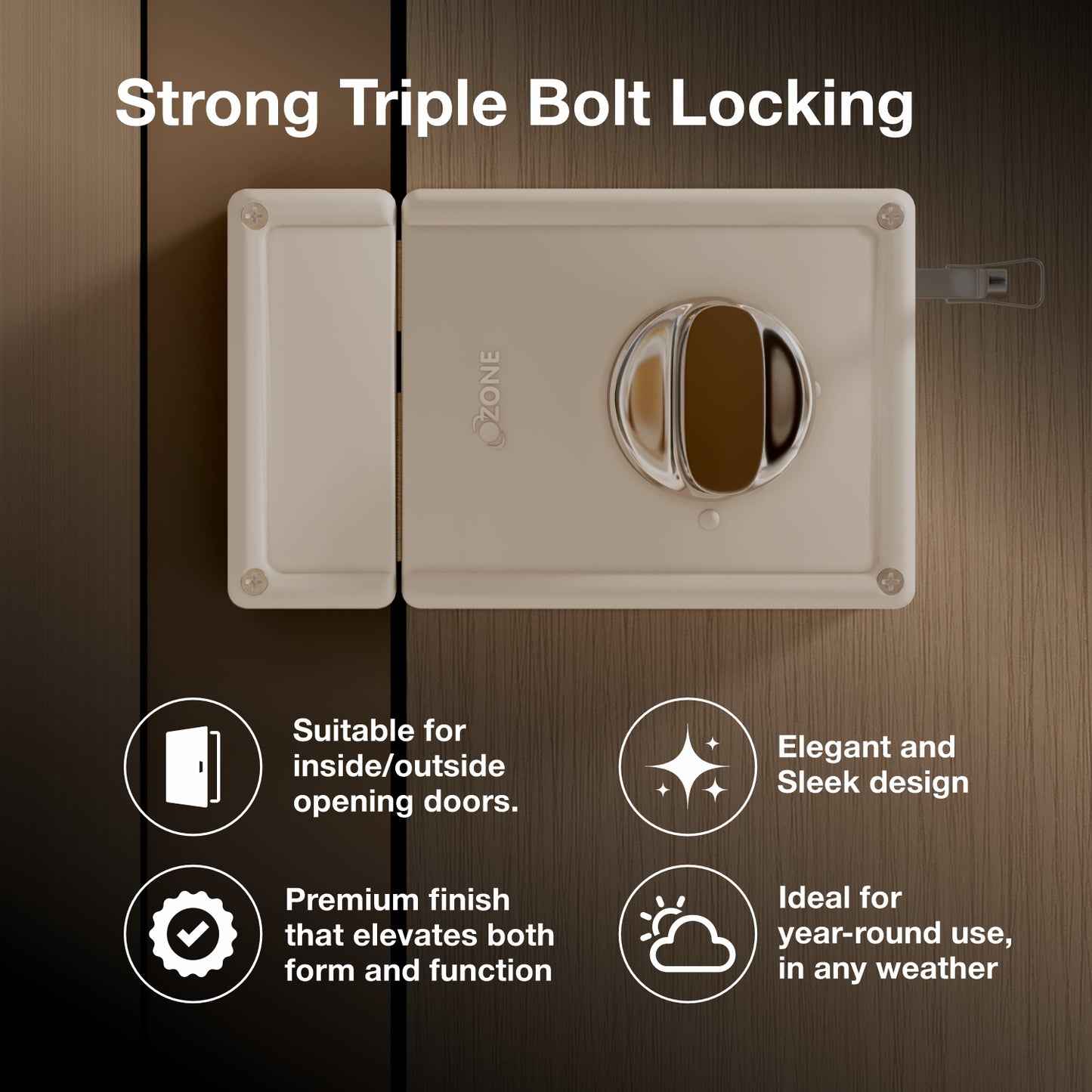 Ozone Surface-Mounted Main Door Rim Lock | Premium Build with 5-Years Warranty | For 30–85 mm Wooden Doors