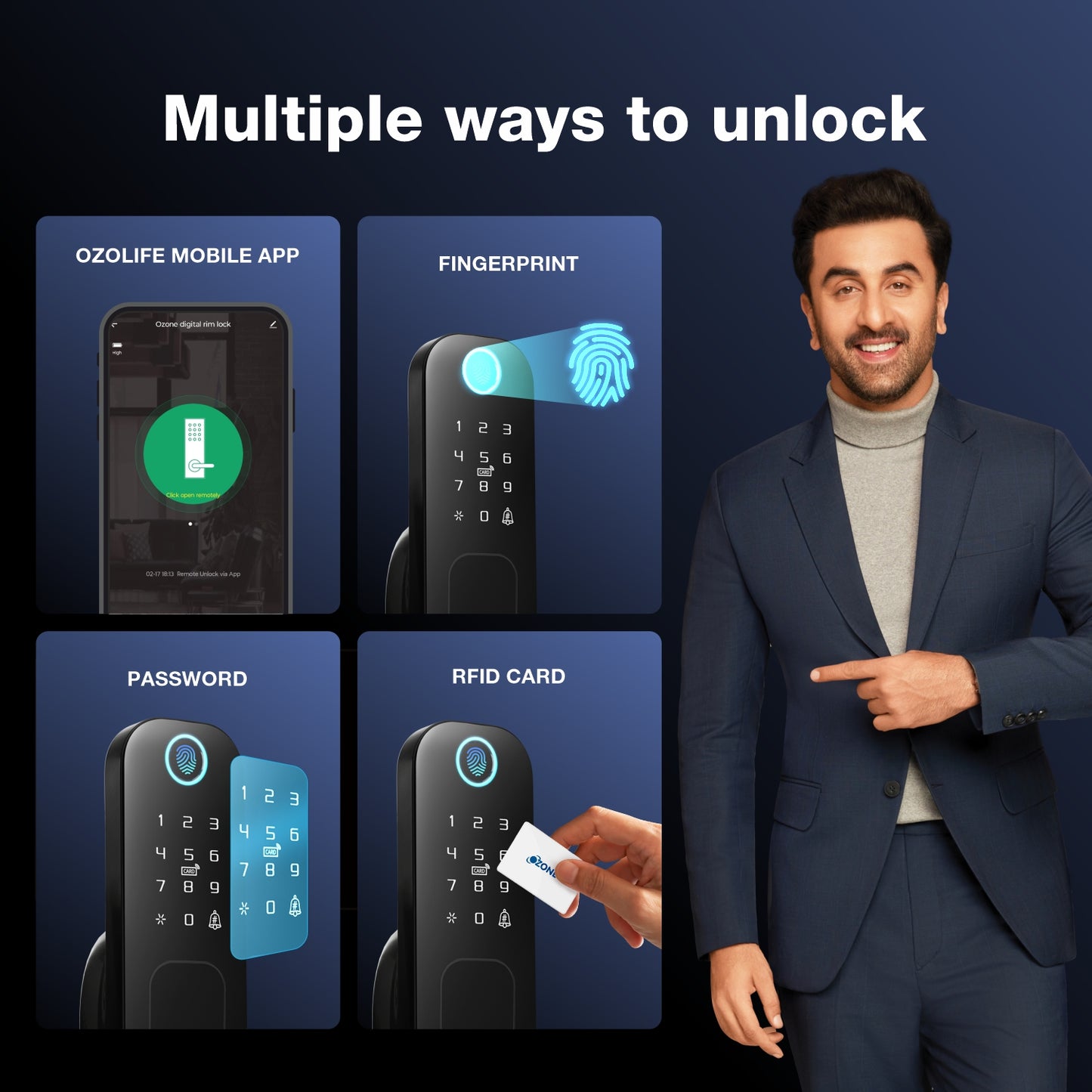 Ozone Double-sided Fingerprint Rim Lock with 4-way access | Door Thickness: 20-65 mm