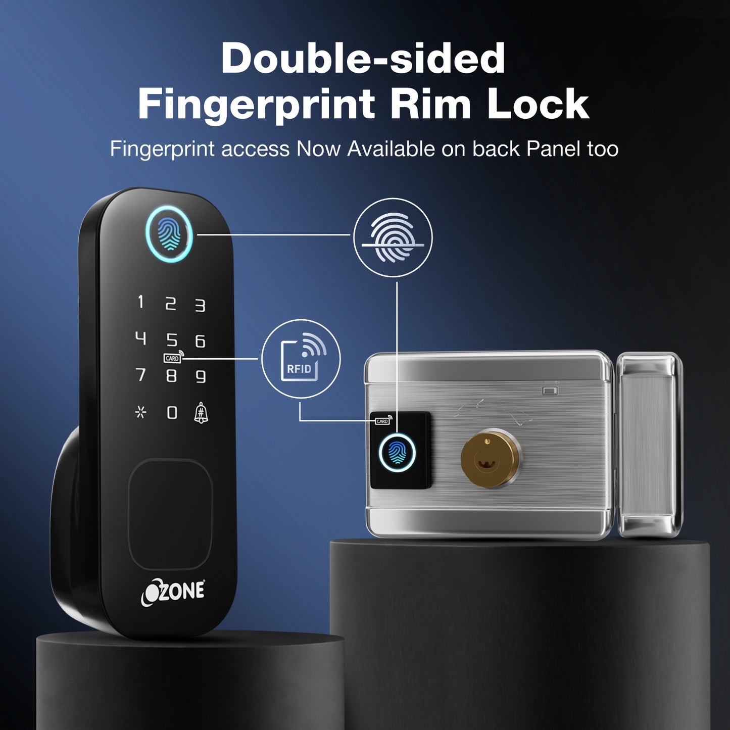 Ozone Double-sided Fingerprint Rim Lock with 4-way access | Door Thickness: 20-65 mm