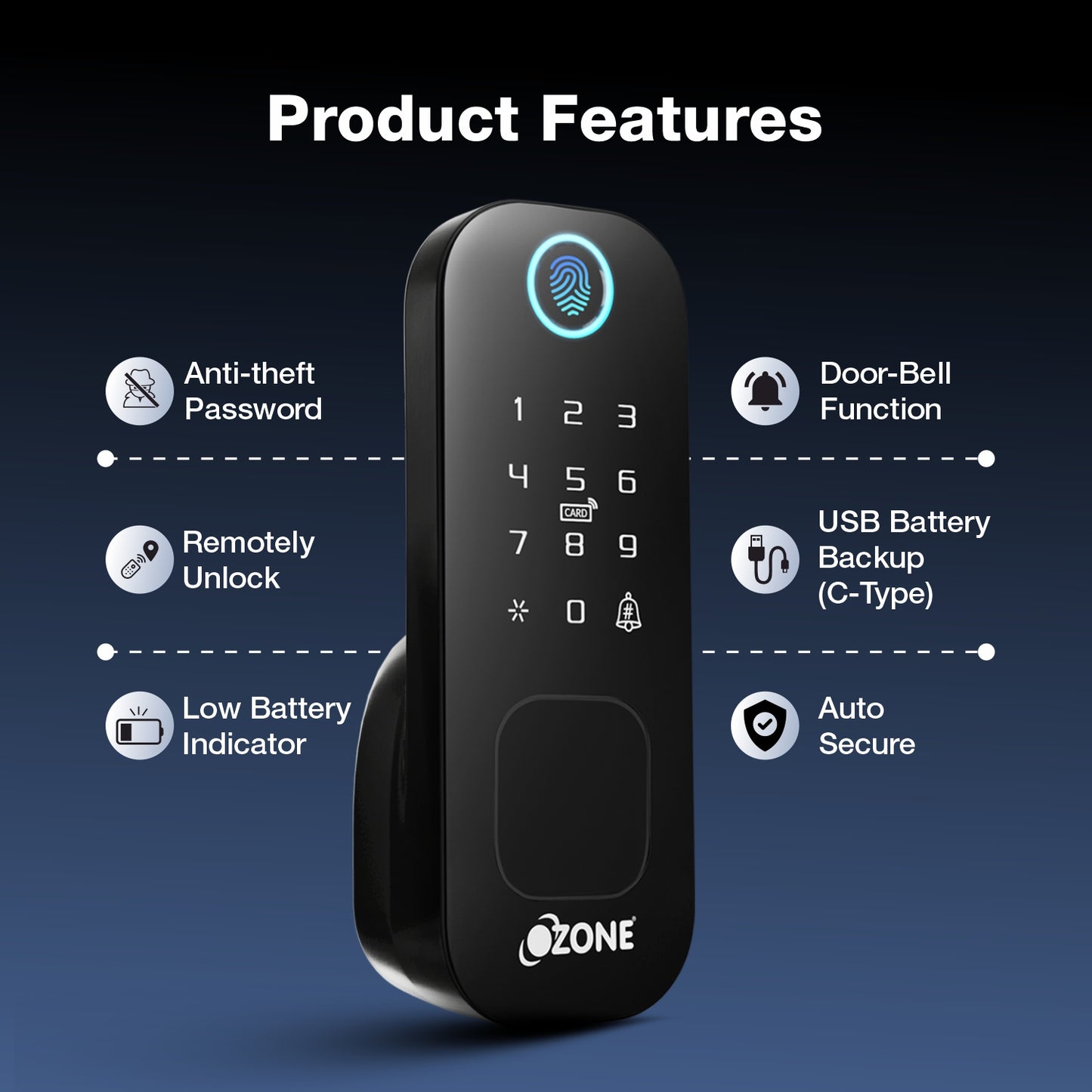 Ozone Double-sided Fingerprint Rim Lock with 4-way access | Door Thickness: 20-65 mm