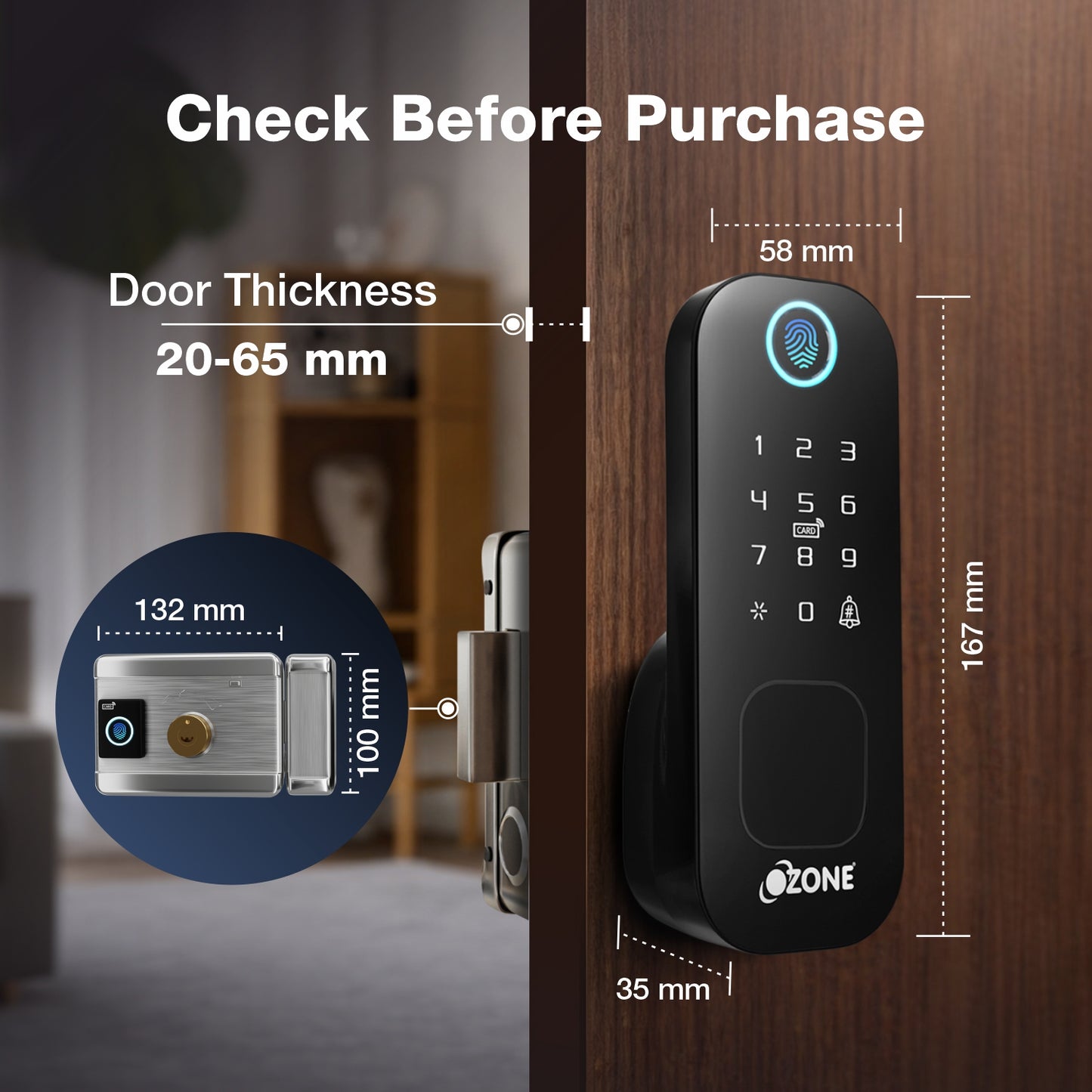 Ozone Double-sided Fingerprint Rim Lock with 4-way access | Door Thickness: 20-65 mm