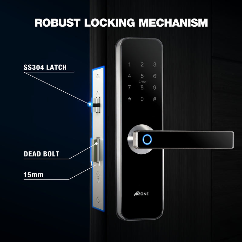 Ozone OZ-FDL-02 Life Std Black, Smart Door Locks, Fingerprint, Mobile App, RFID Card, Google Assistant & Alexa Enabled, Black, 24 Months Warranty