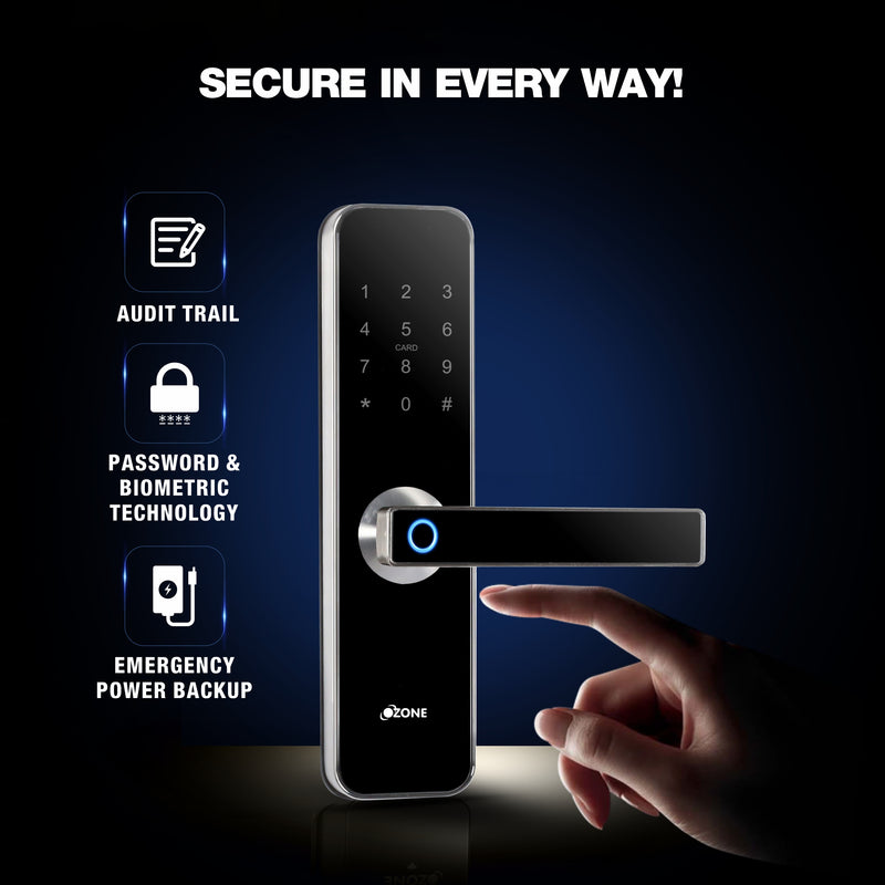 Ozone OZ-FDL-02 Life Std Black, Smart Door Locks, Fingerprint, Mobile App, RFID Card, Google Assistant & Alexa Enabled, Black, 24 Months Warranty